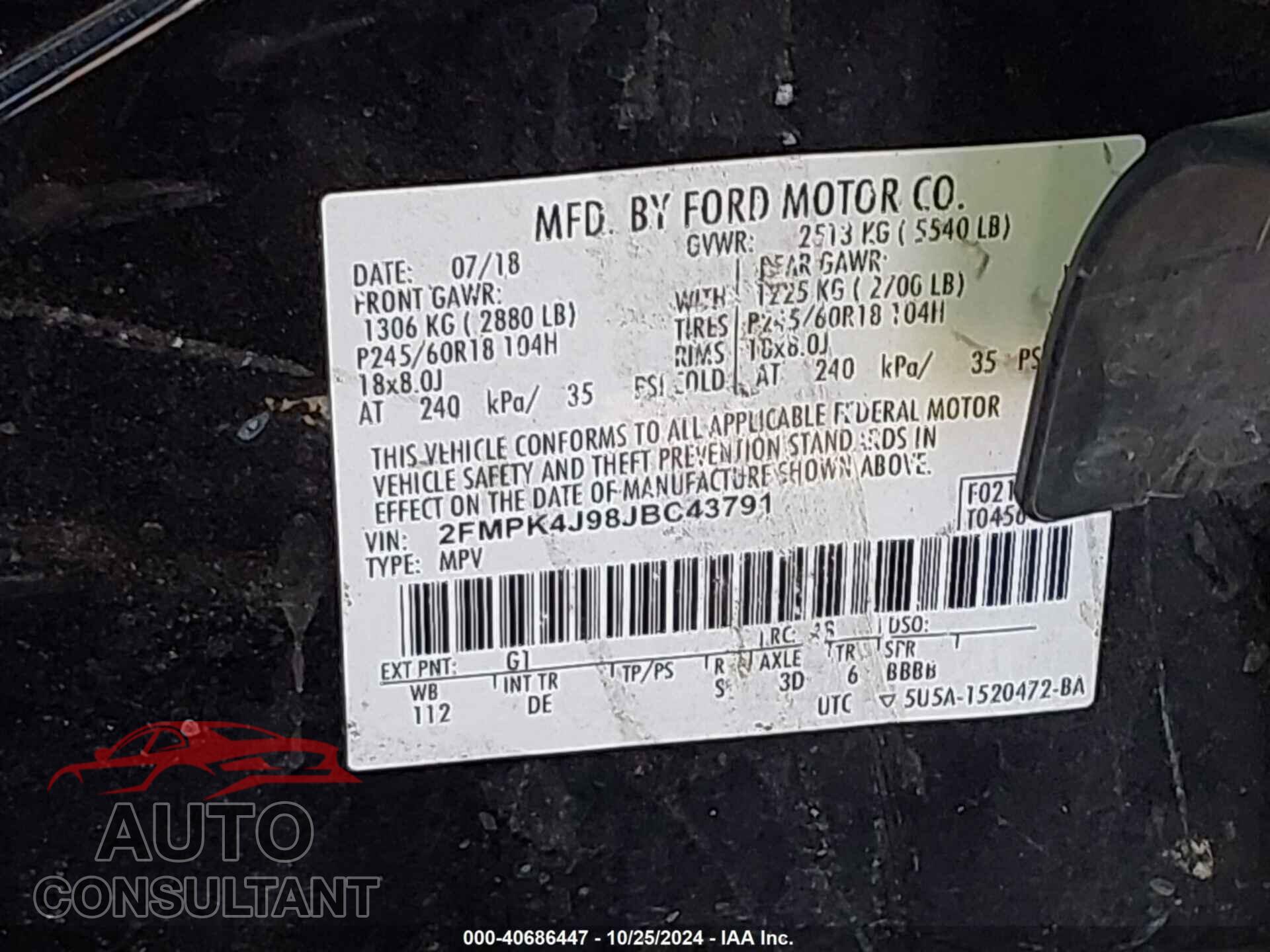 FORD EDGE 2018 - 2FMPK4J98JBC43791