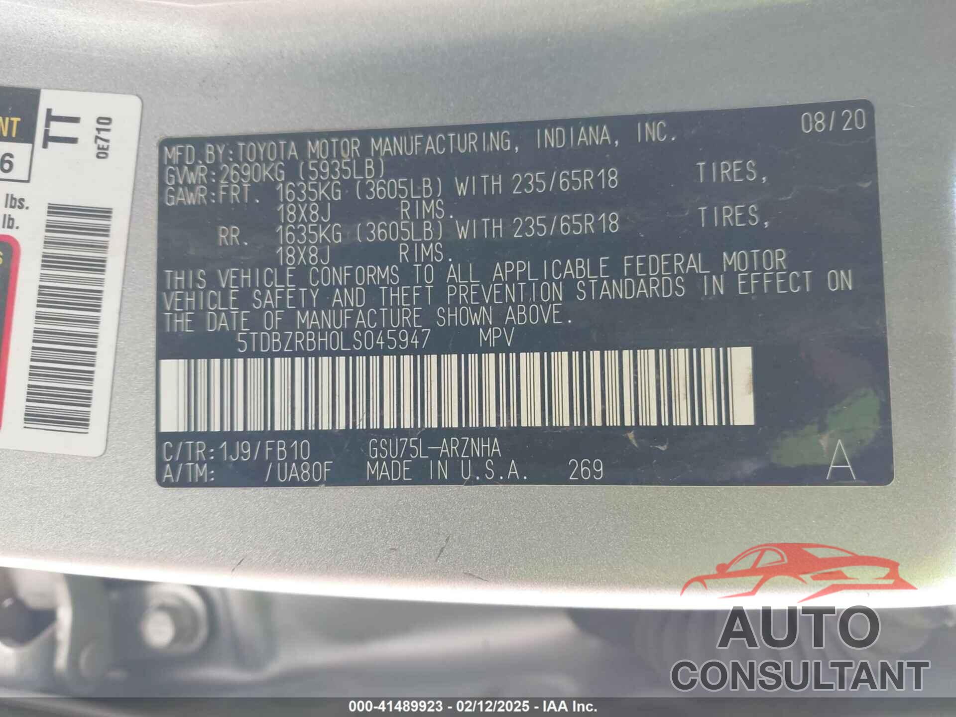 TOYOTA HIGHLANDER 2020 - 5TDBZRBH0LS045947