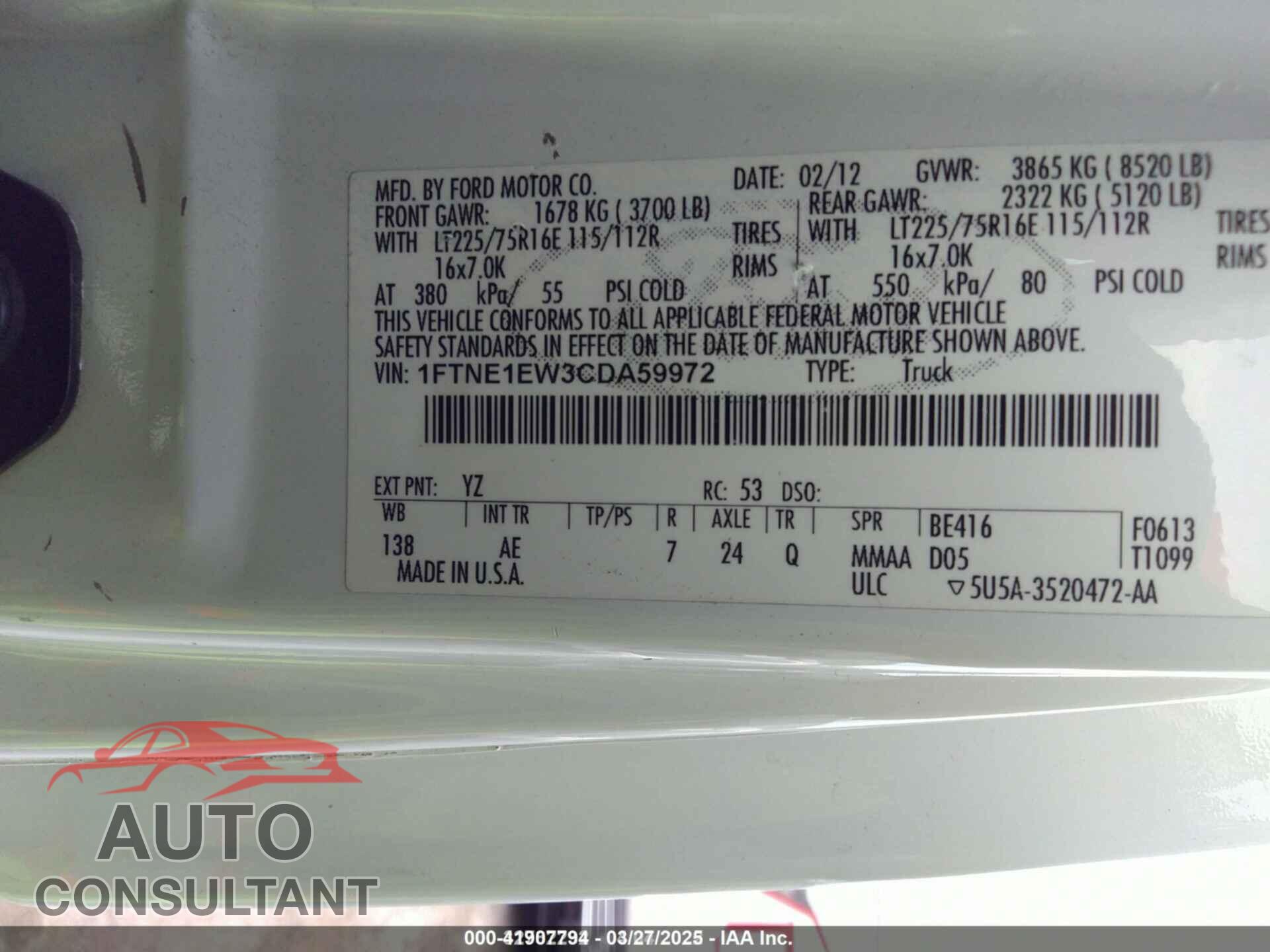 FORD E-150 2012 - 1FTNE1EW3CDA59972