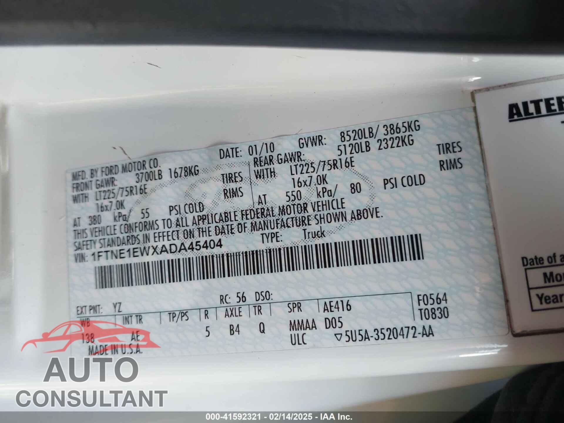 FORD E-150 2010 - 1FTNE1EWXADA45404
