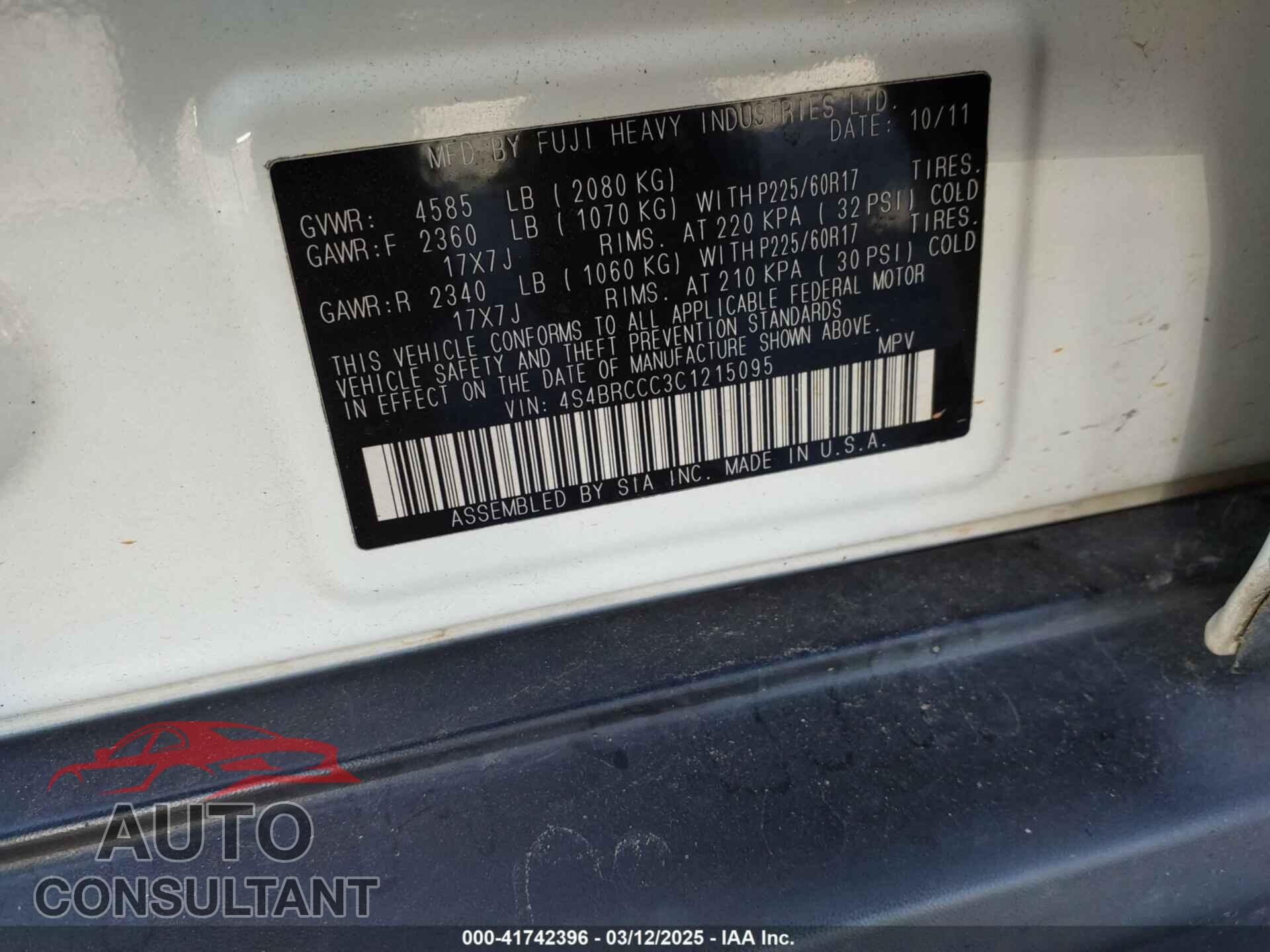 SUBARU OUTBACK 2012 - 4S4BRCCC3C1215095