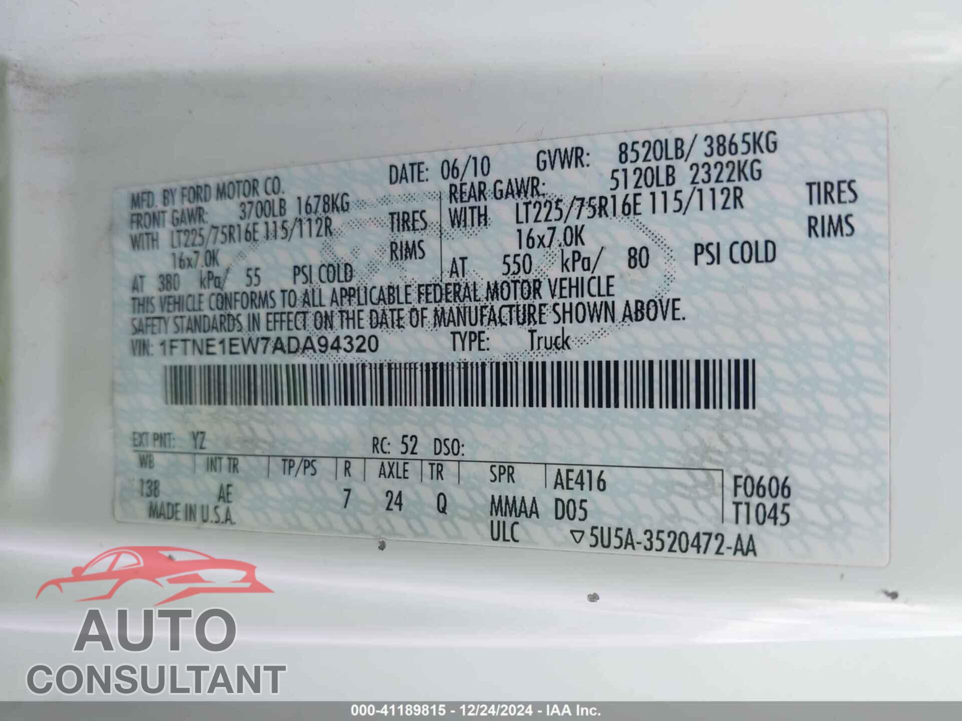 FORD E-150 2010 - 1FTNE1EW7ADA94320