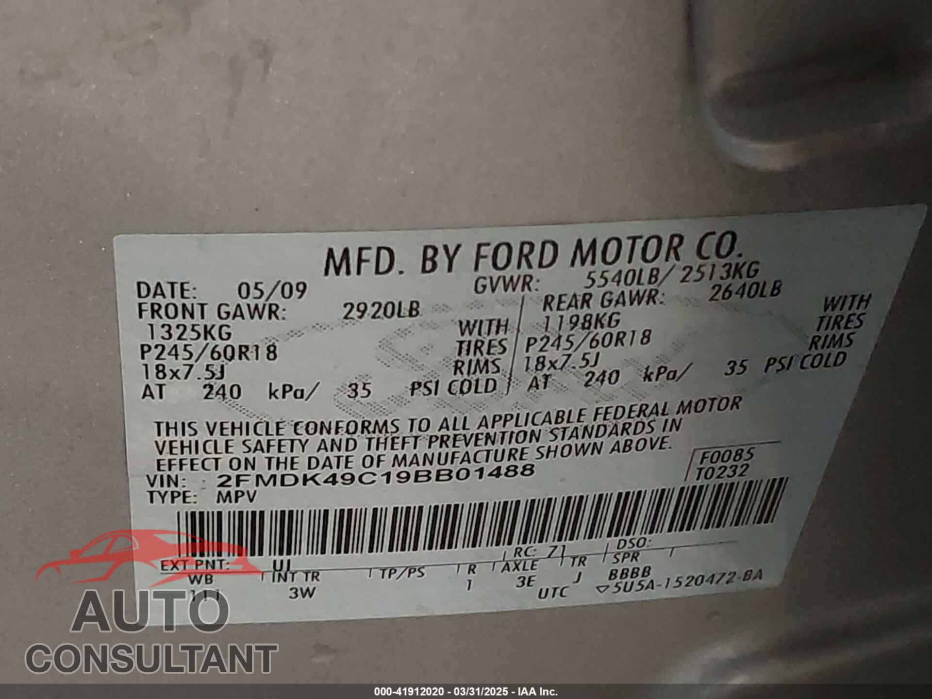 FORD EDGE 2009 - 2FMDK49C19BB01488