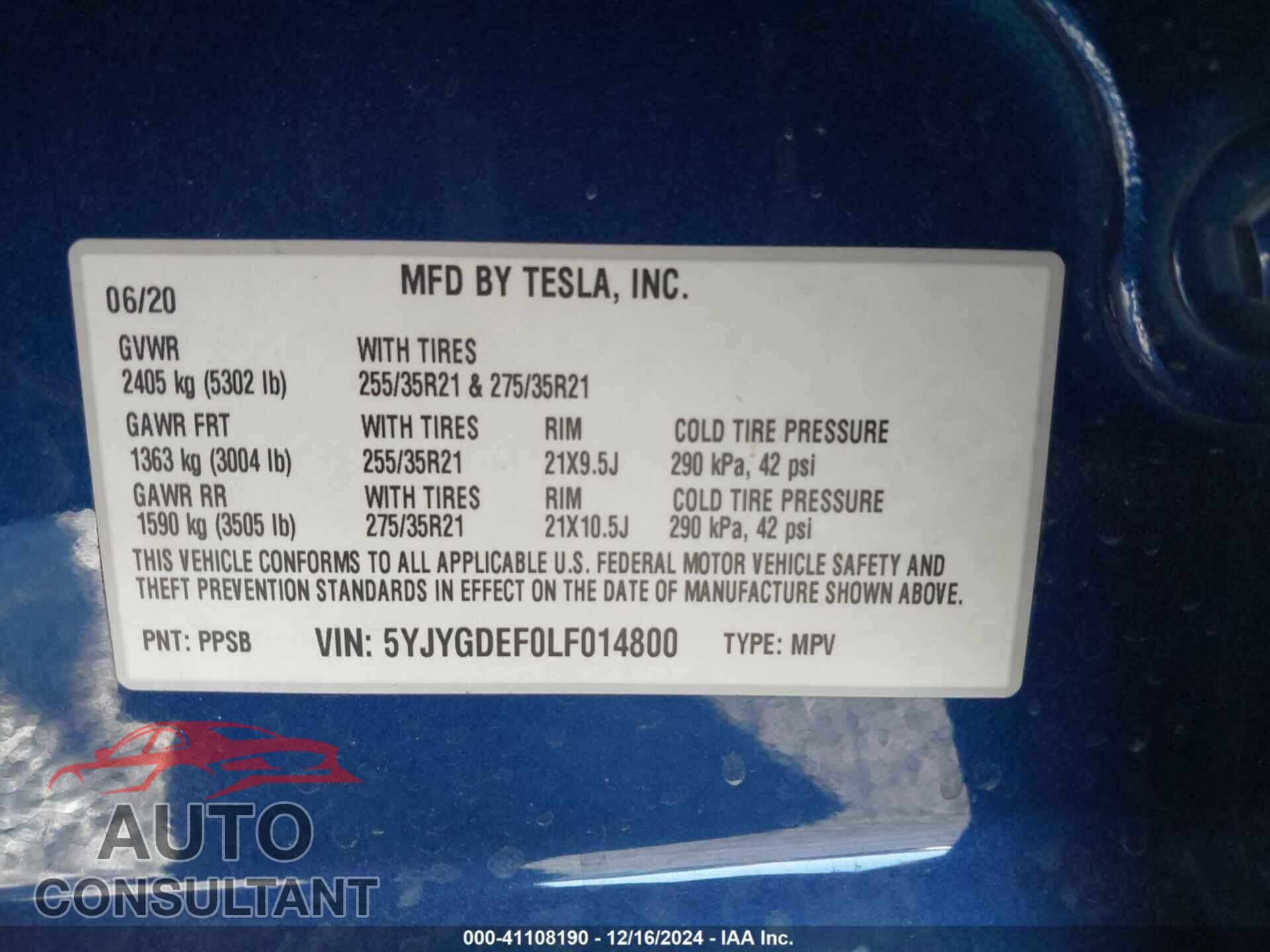 TESLA MODEL Y 2020 - 5YJYGDEF0LF014800