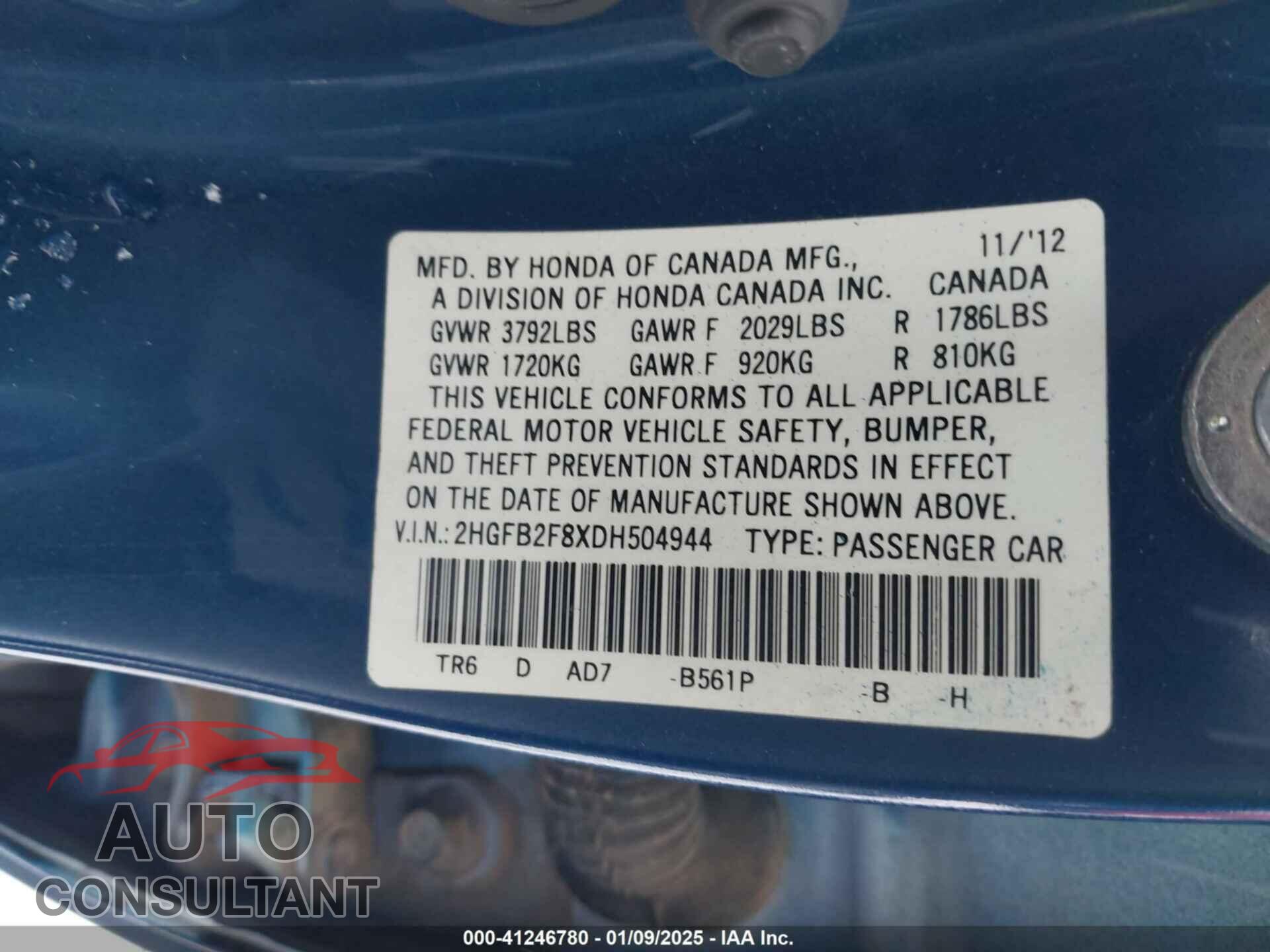 HONDA CIVIC 2013 - 2HGFB2F8XDH504944