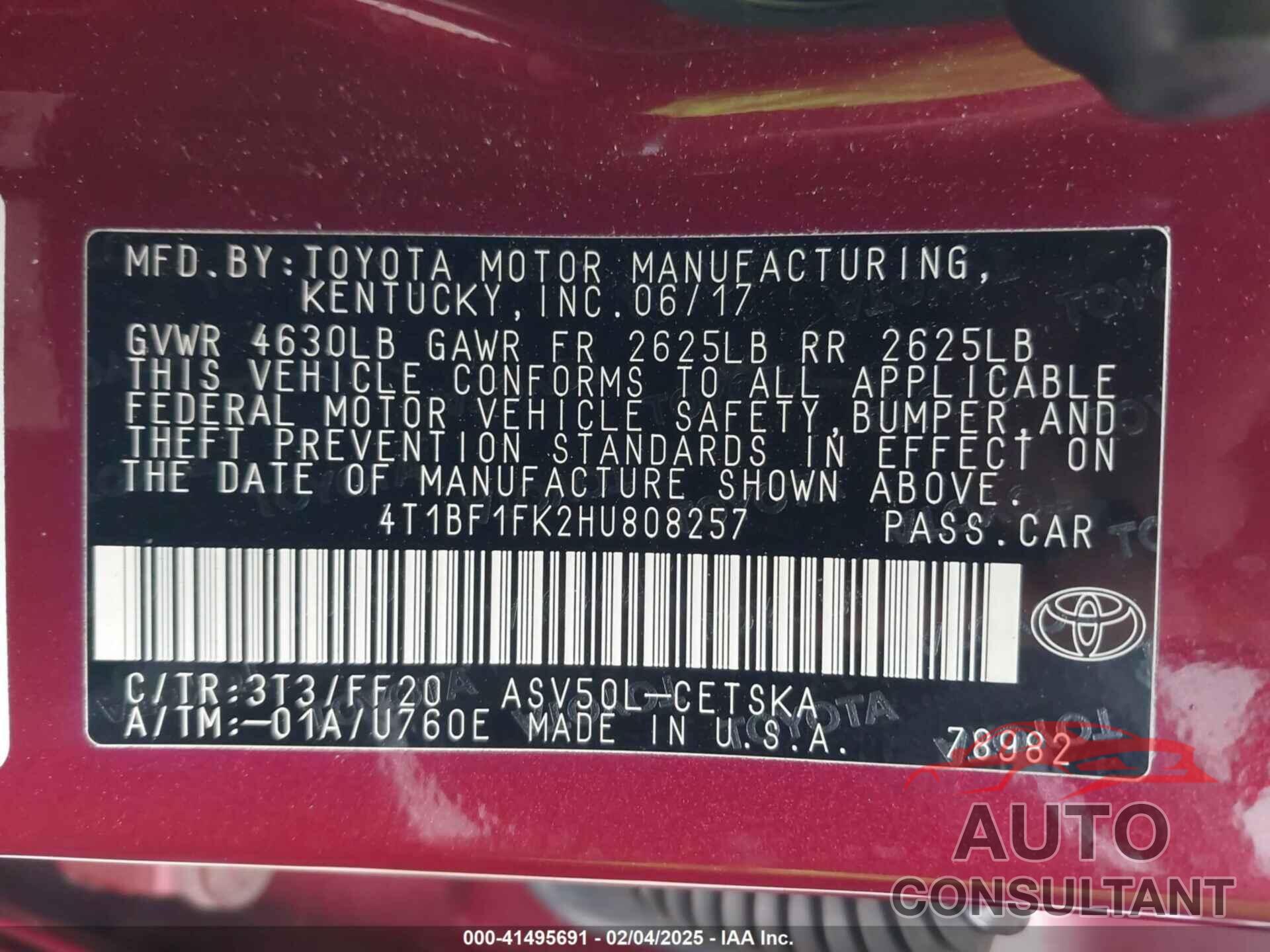 TOYOTA CAMRY 2017 - 4T1BF1FK2HU808257