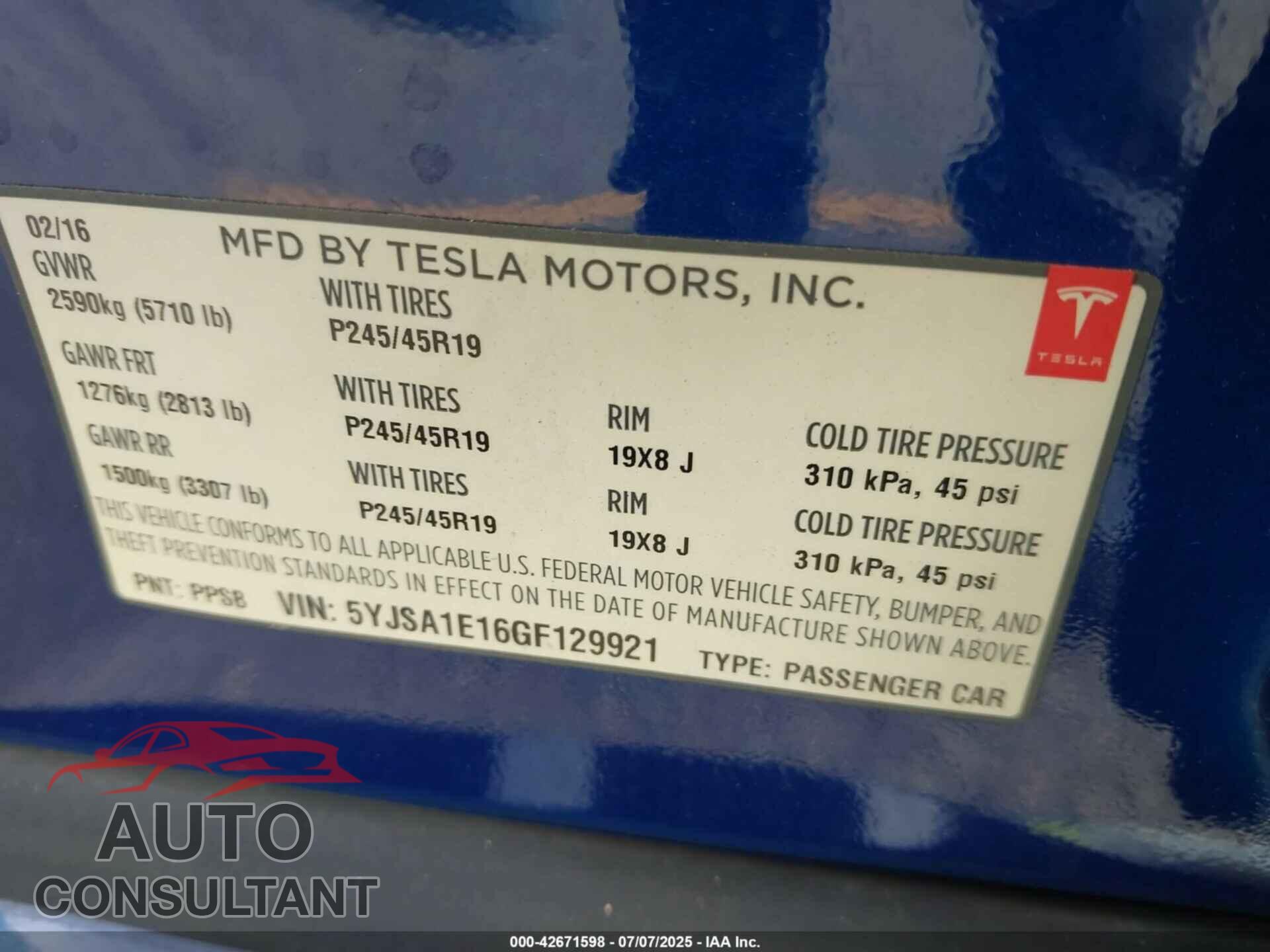TESLA MODEL S 2016 - 5YJSA1E16GF129921