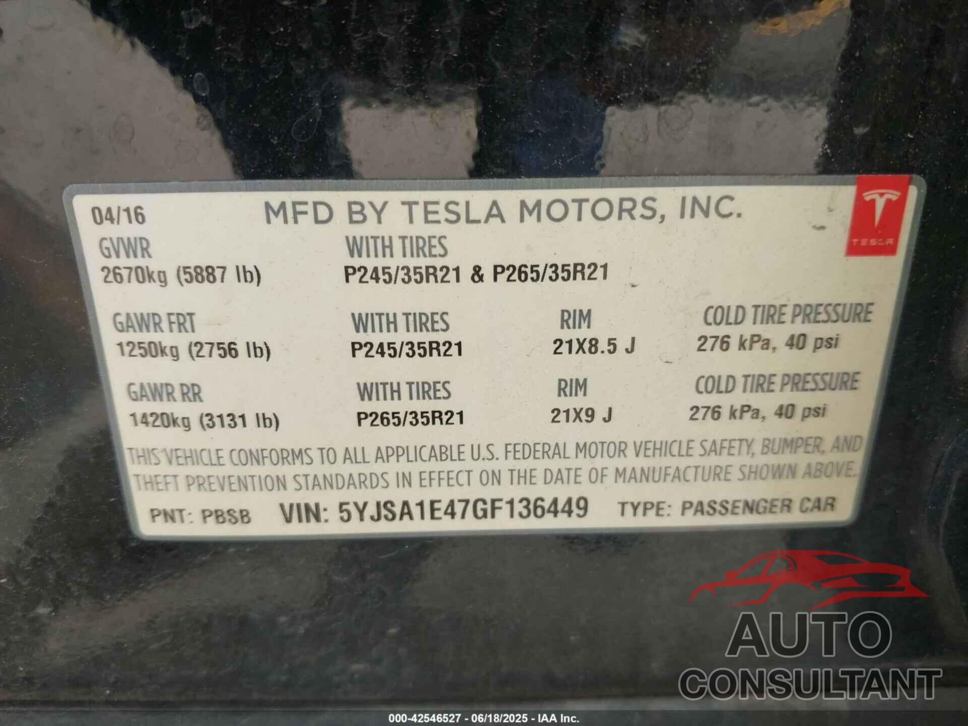 TESLA MODEL S 2016 - 5YJSA1E47GF136449