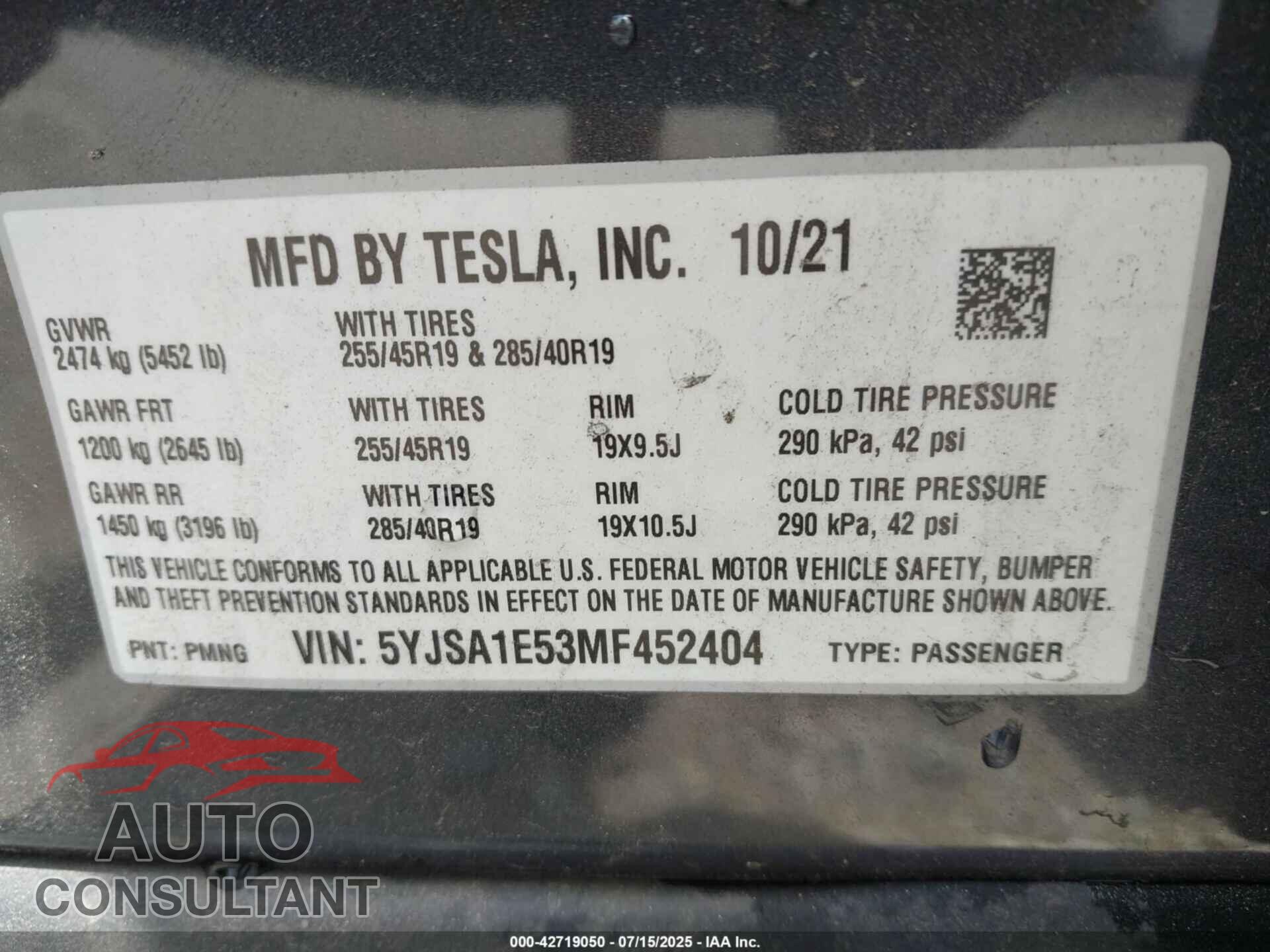 TESLA MODEL S 2021 - 5YJSA1E53MF452404