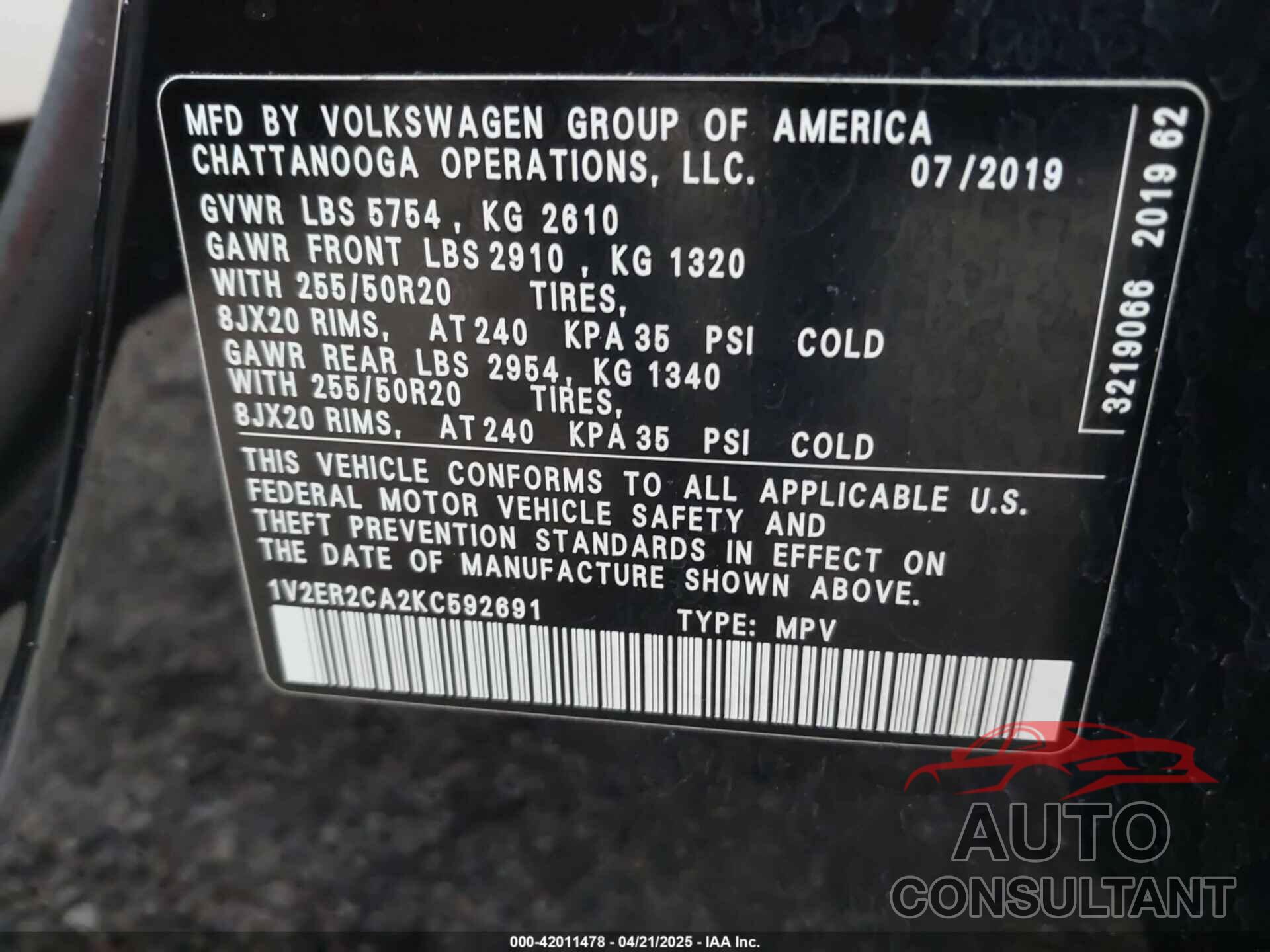 VOLKSWAGEN ATLAS 2019 - 1V2ER2CA2KC592691