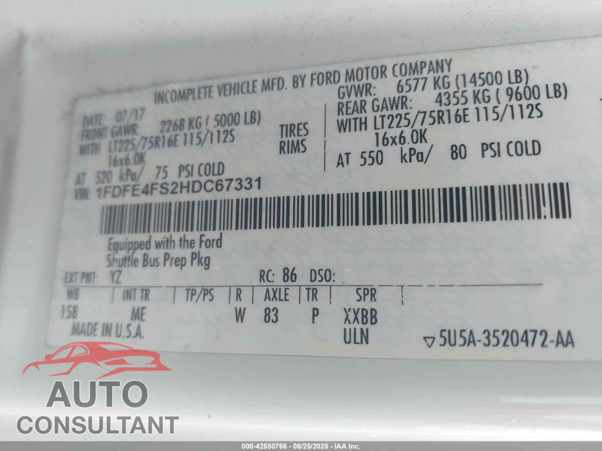 FORD E-450 CUTAWAY 2017 - 1FDFE4FS2HDC67331