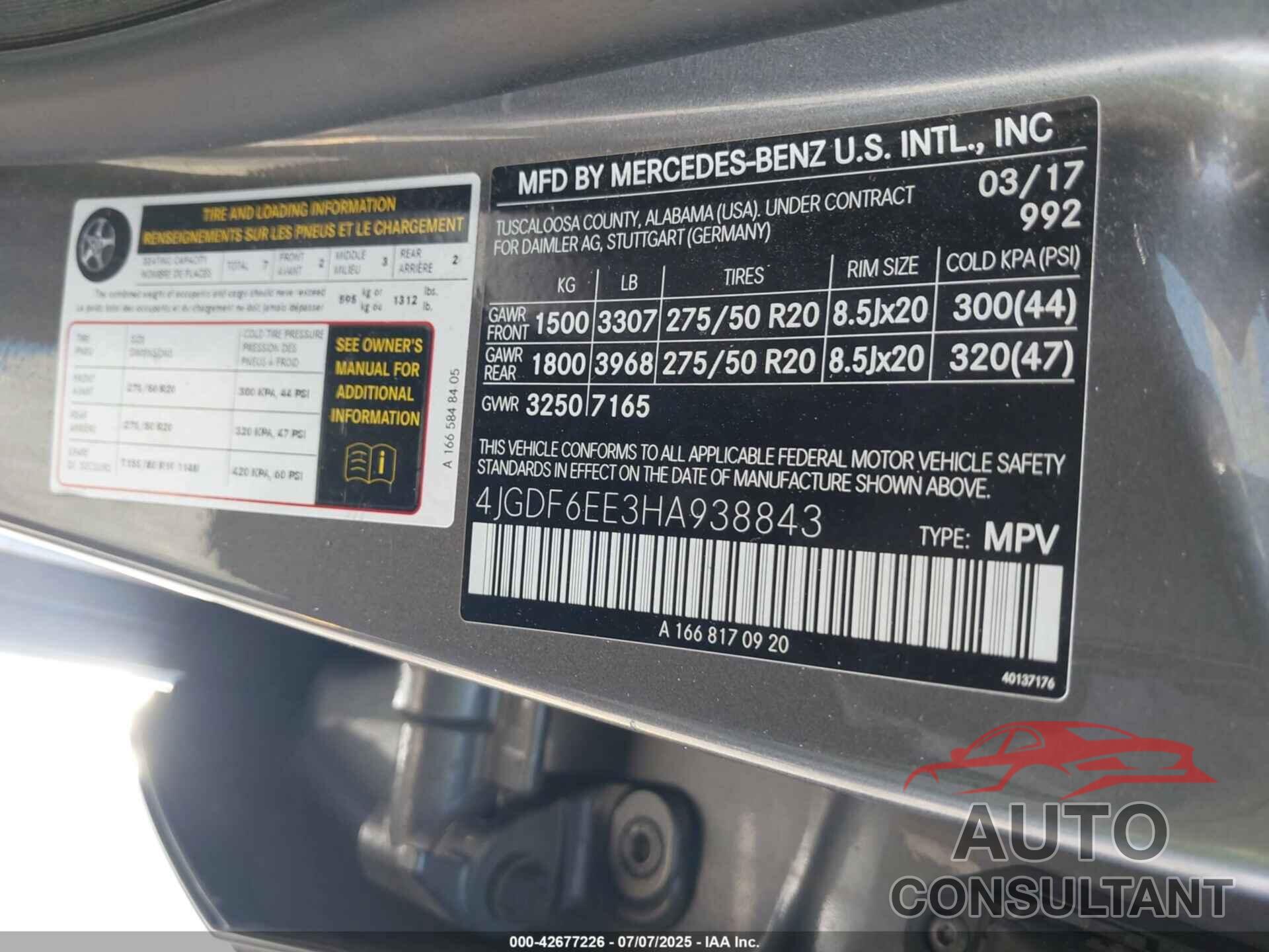 MERCEDES-BENZ GLS 450 2017 - 4JGDF6EE3HA938843