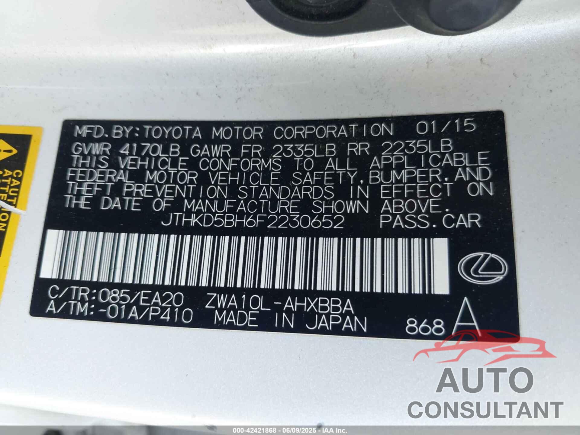 LEXUS CT 200H 2015 - JTHKD5BH6F2230652