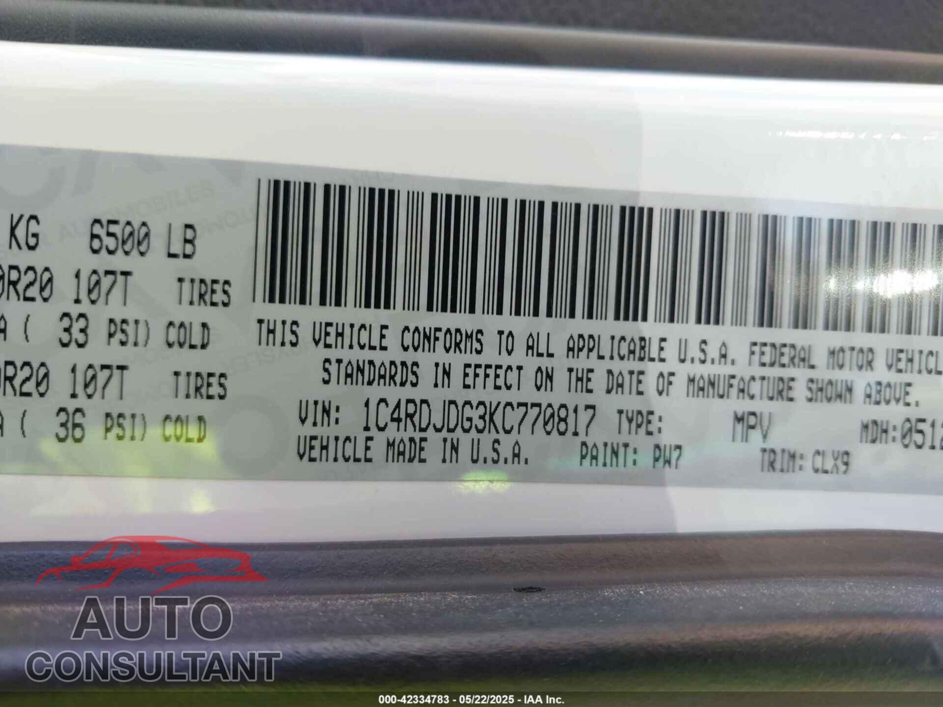DODGE DURANGO 2019 - 1C4RDJDG3KC770817