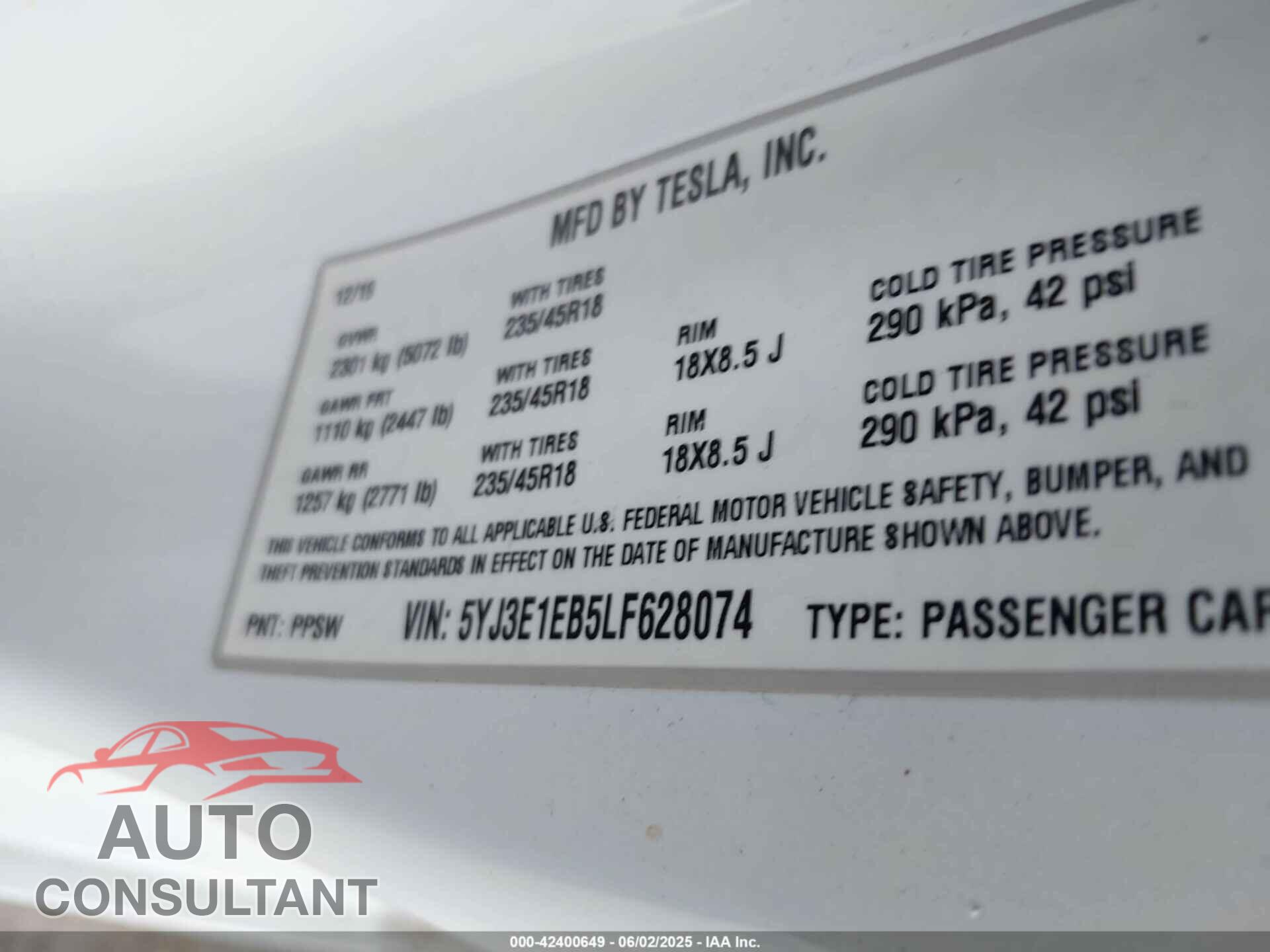 TESLA MODEL 3 2020 - 5YJ3E1EB5LF628074