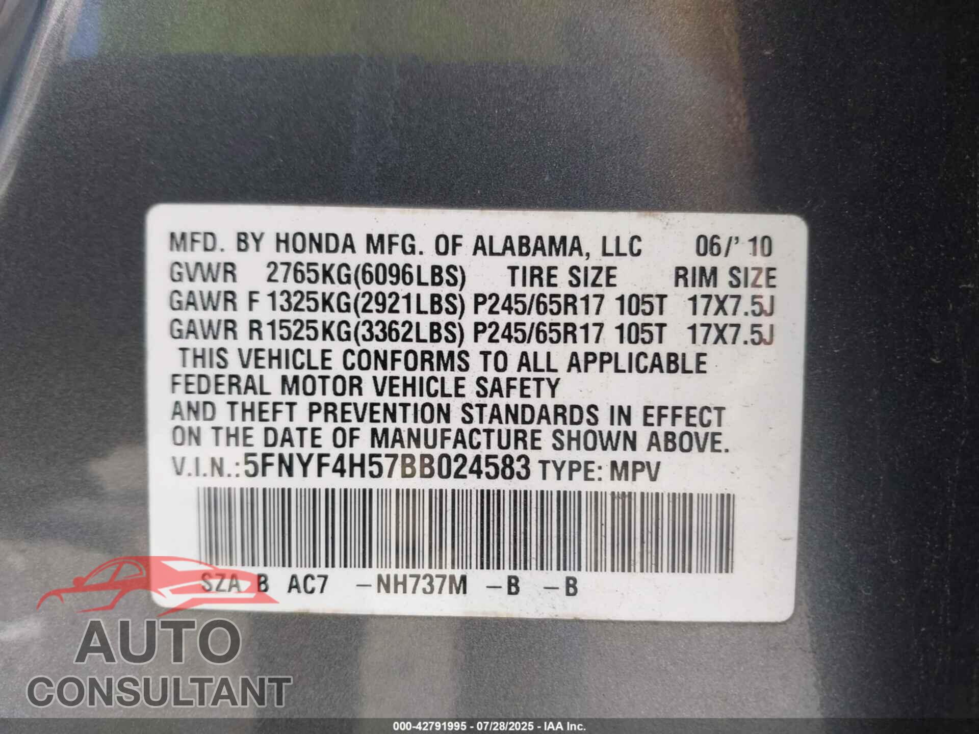 HONDA PILOT 2011 - 5FNYF4H57BB024583