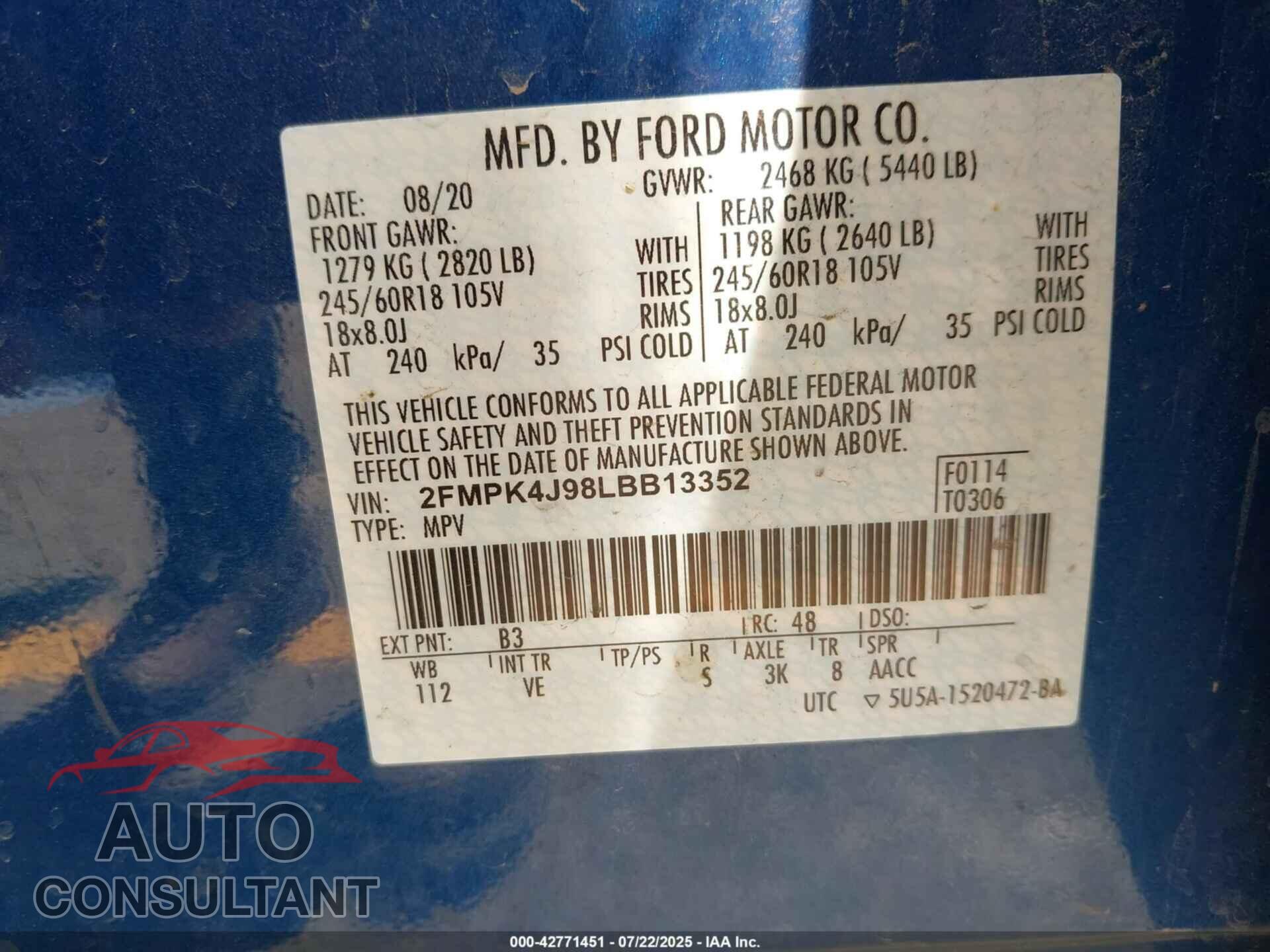 FORD EDGE 2020 - 2FMPK4J98LBB13352