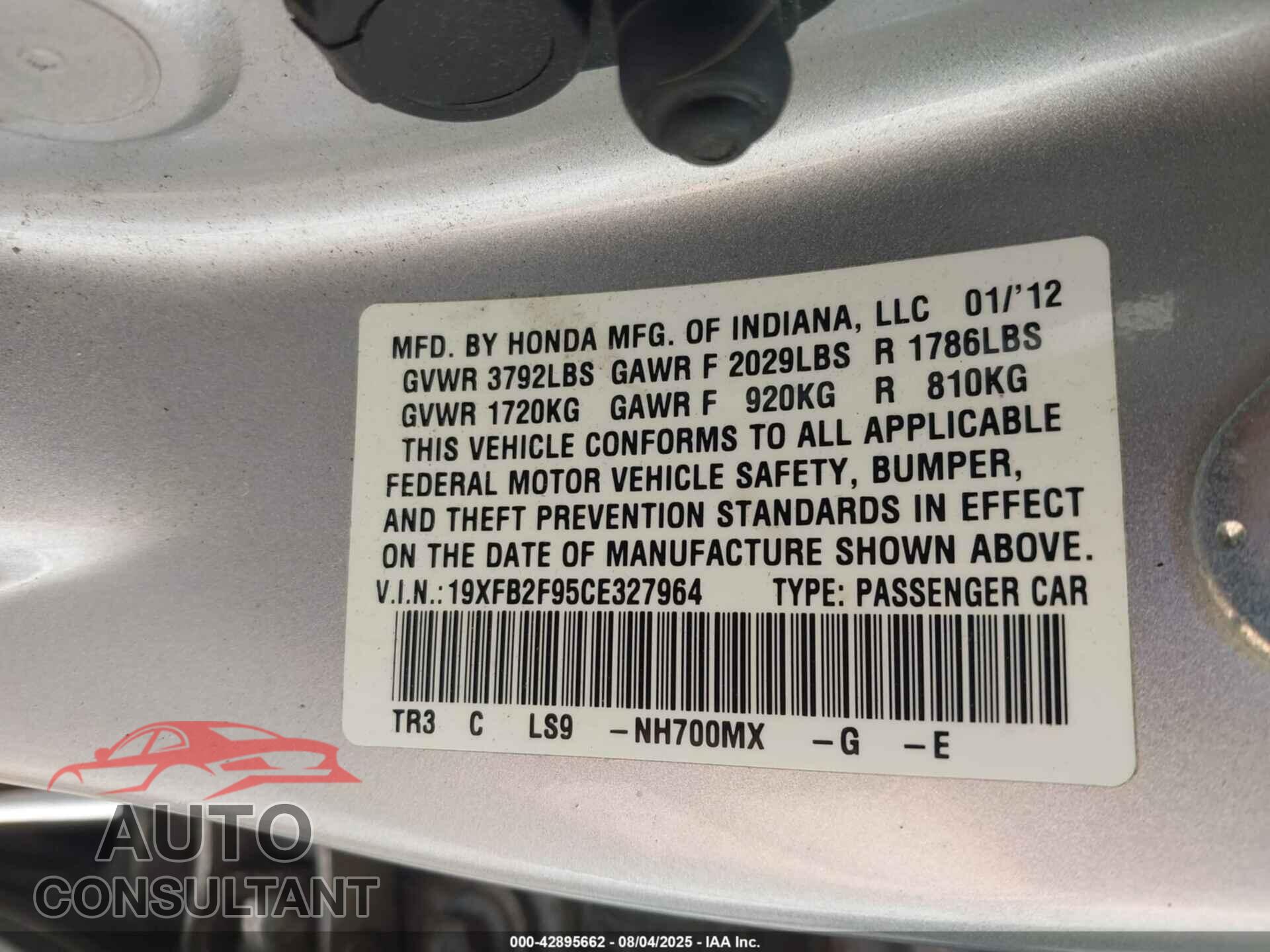 HONDA CIVIC 2012 - 19XFB2F95CE327964