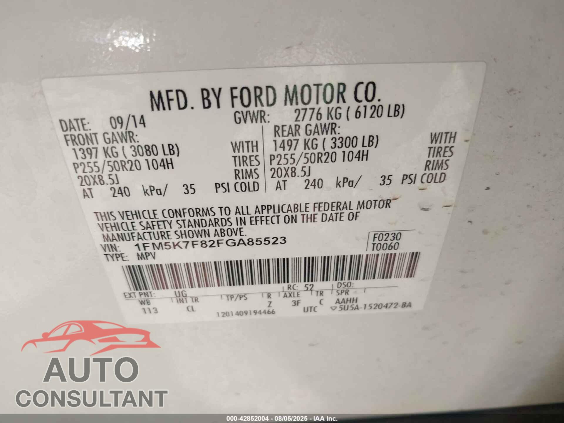 FORD EXPLORER 2015 - 1FM5K7F82FGA85523