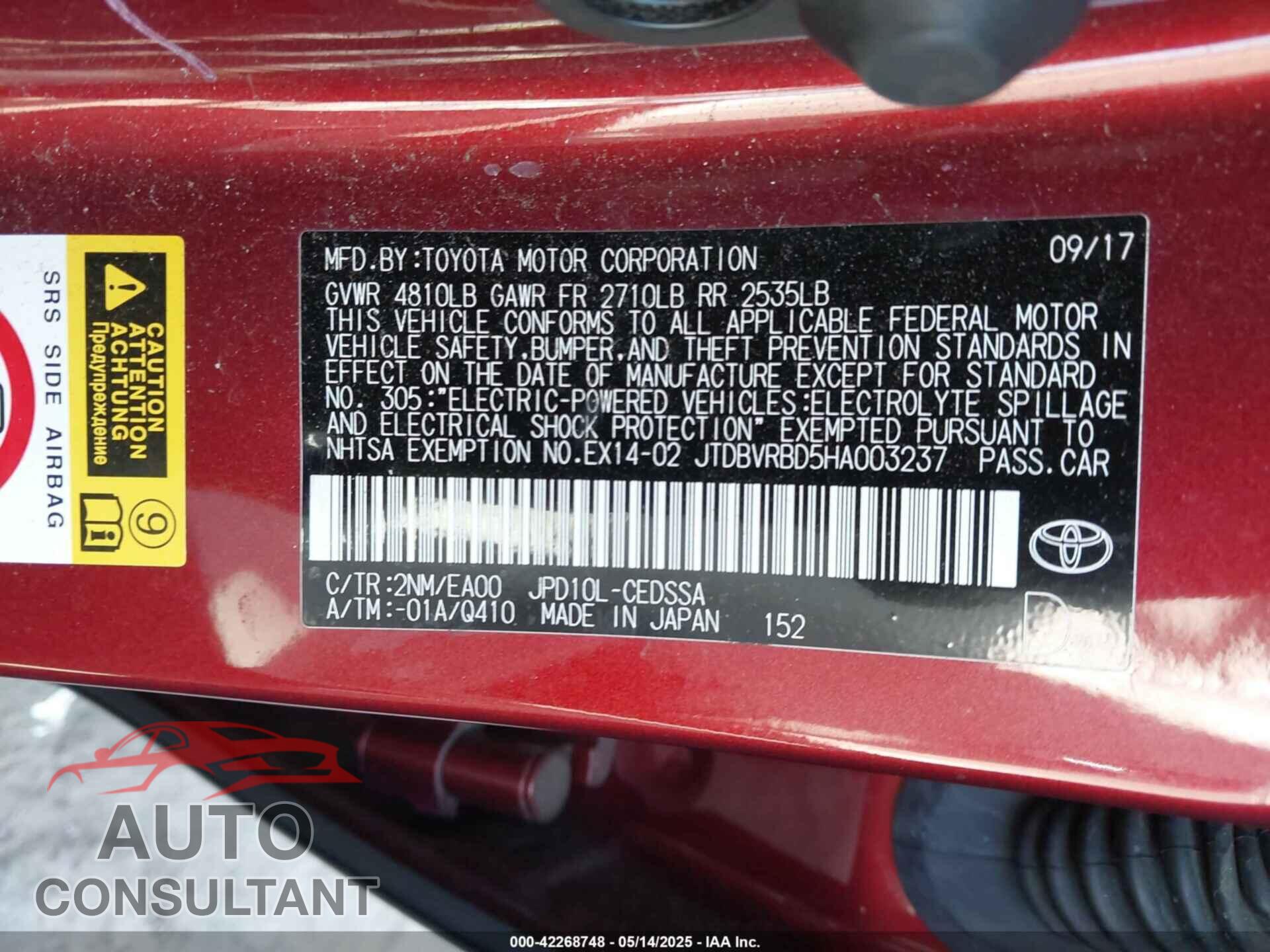 TOYOTA MIRAI 2017 - JTDBVRBD5HA003237