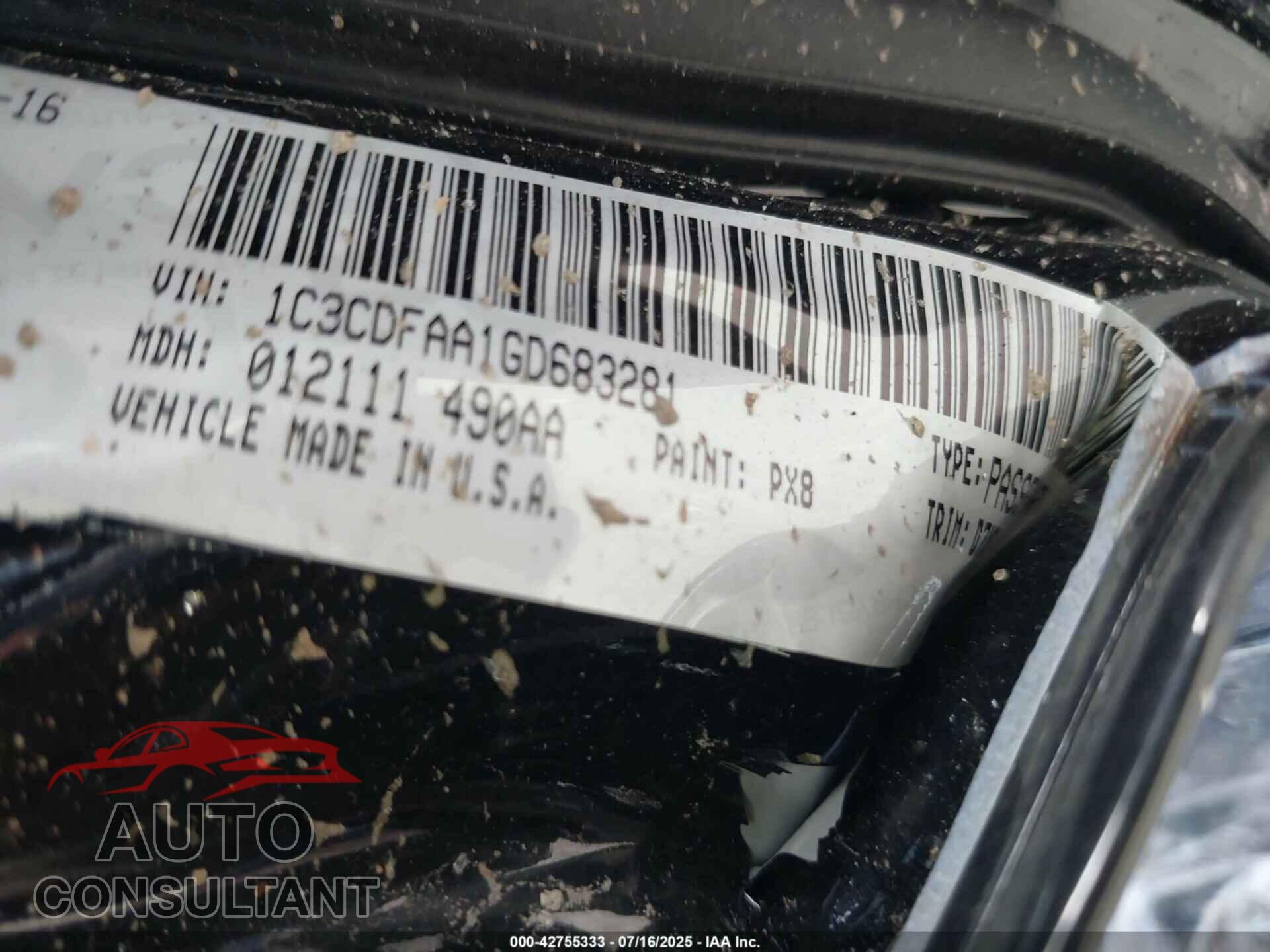 DODGE DART 2016 - 1C3CDFAA1GD683281