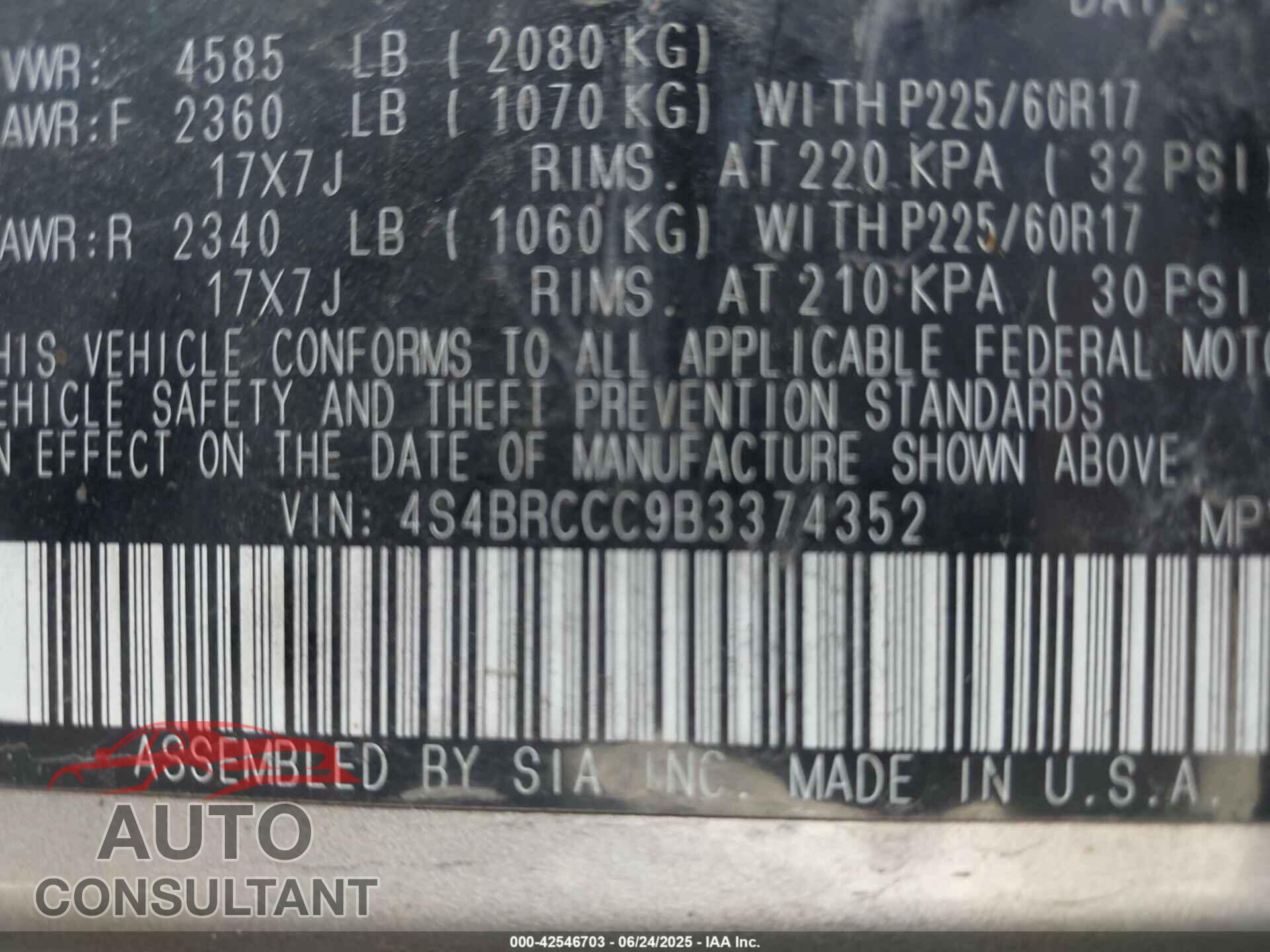 SUBARU OUTBACK 2011 - 4S4BRCCC9B3374352