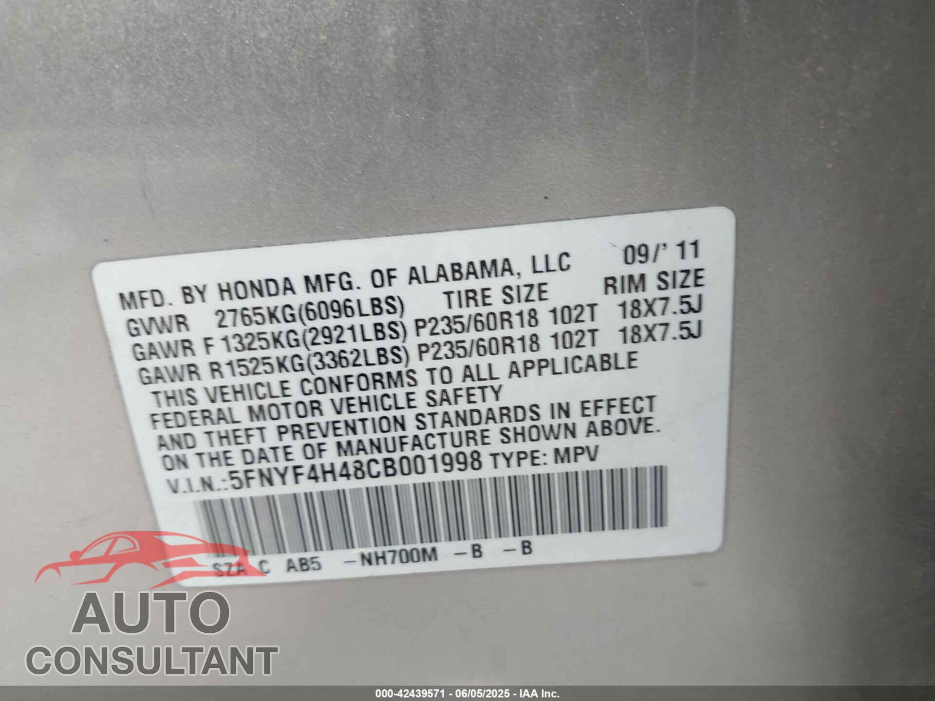 HONDA PILOT 2012 - 5FNYF4H48CB001998