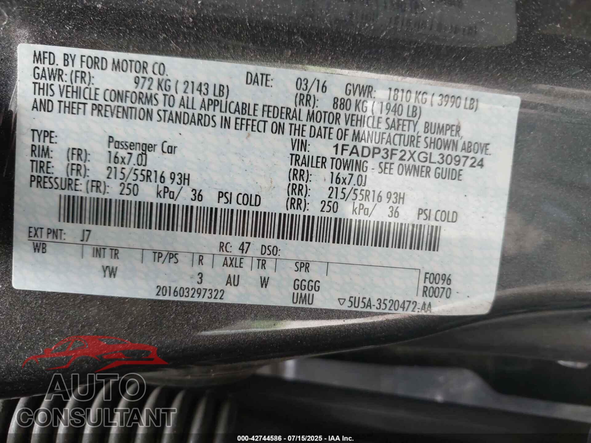 FORD FOCUS 2016 - 1FADP3F2XGL309724