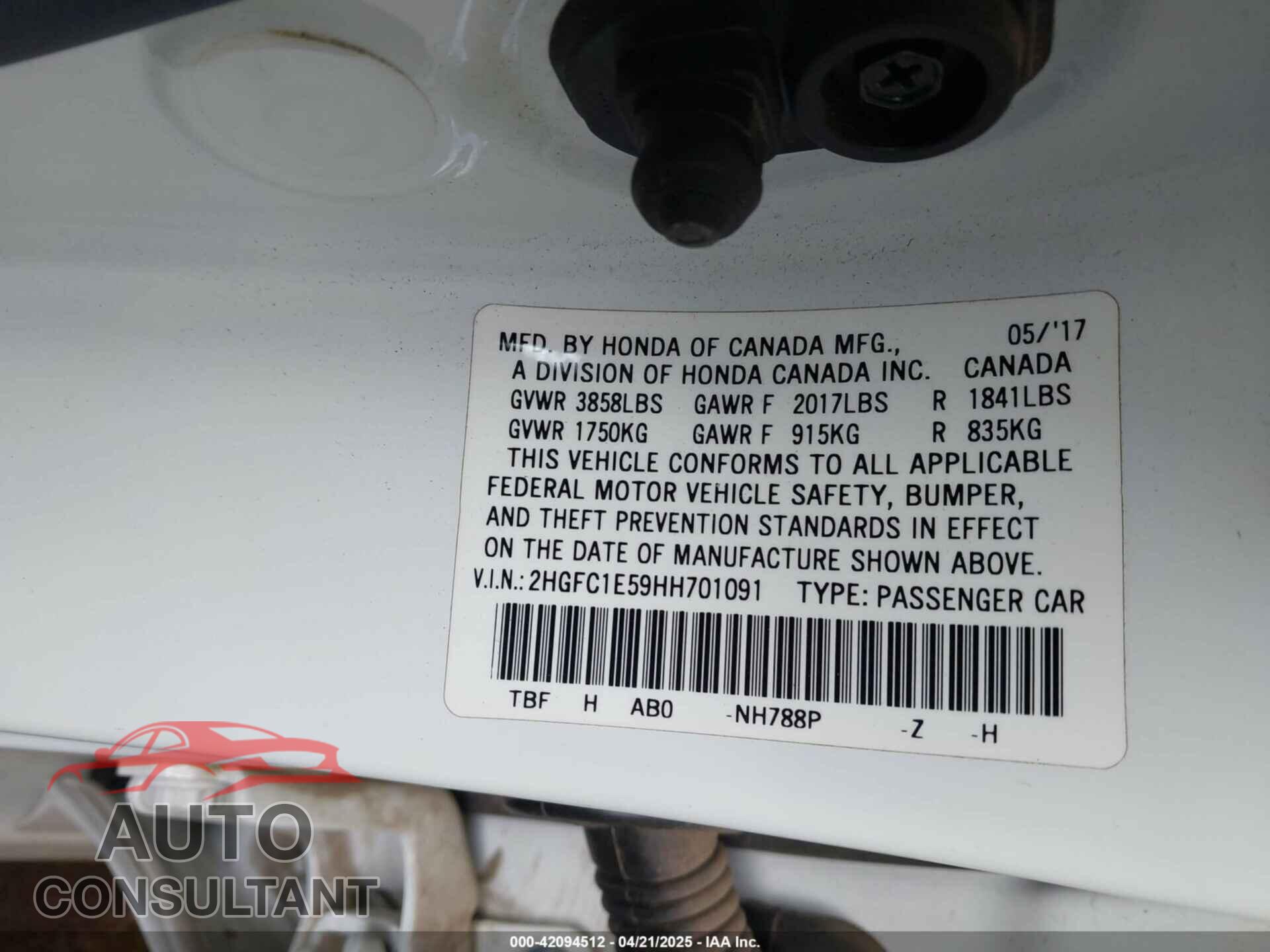HONDA CIVIC 2017 - 2HGFC1E59HH701091
