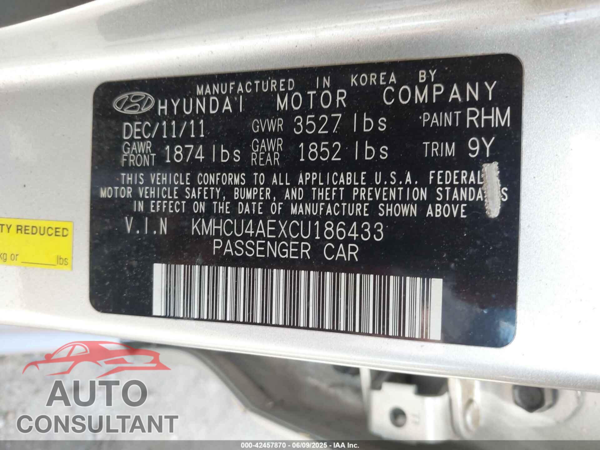 HYUNDAI ACCENT 2012 - KMHCU4AEXCU186433