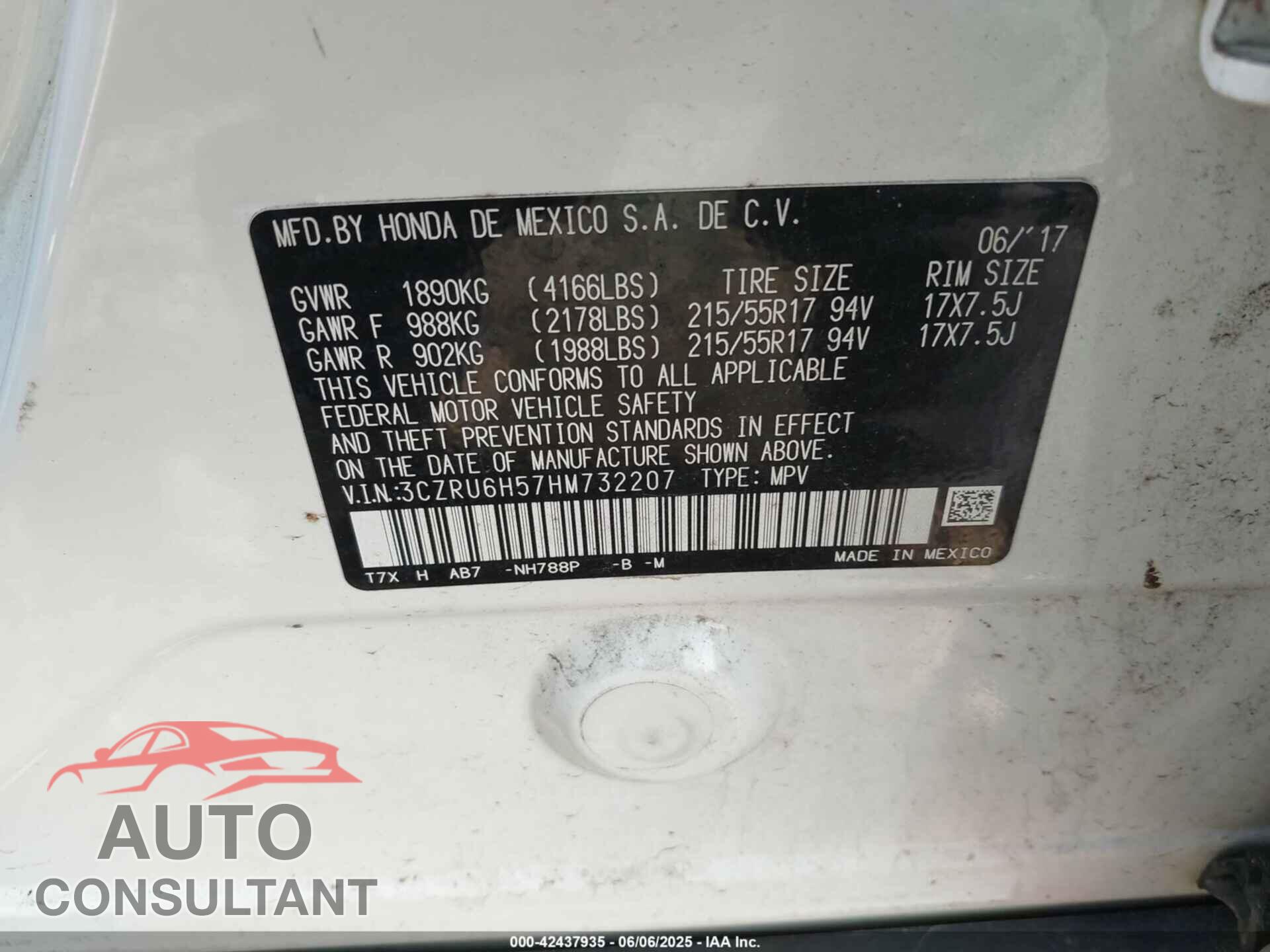HONDA HR-V 2017 - 3CZRU6H57HM732207