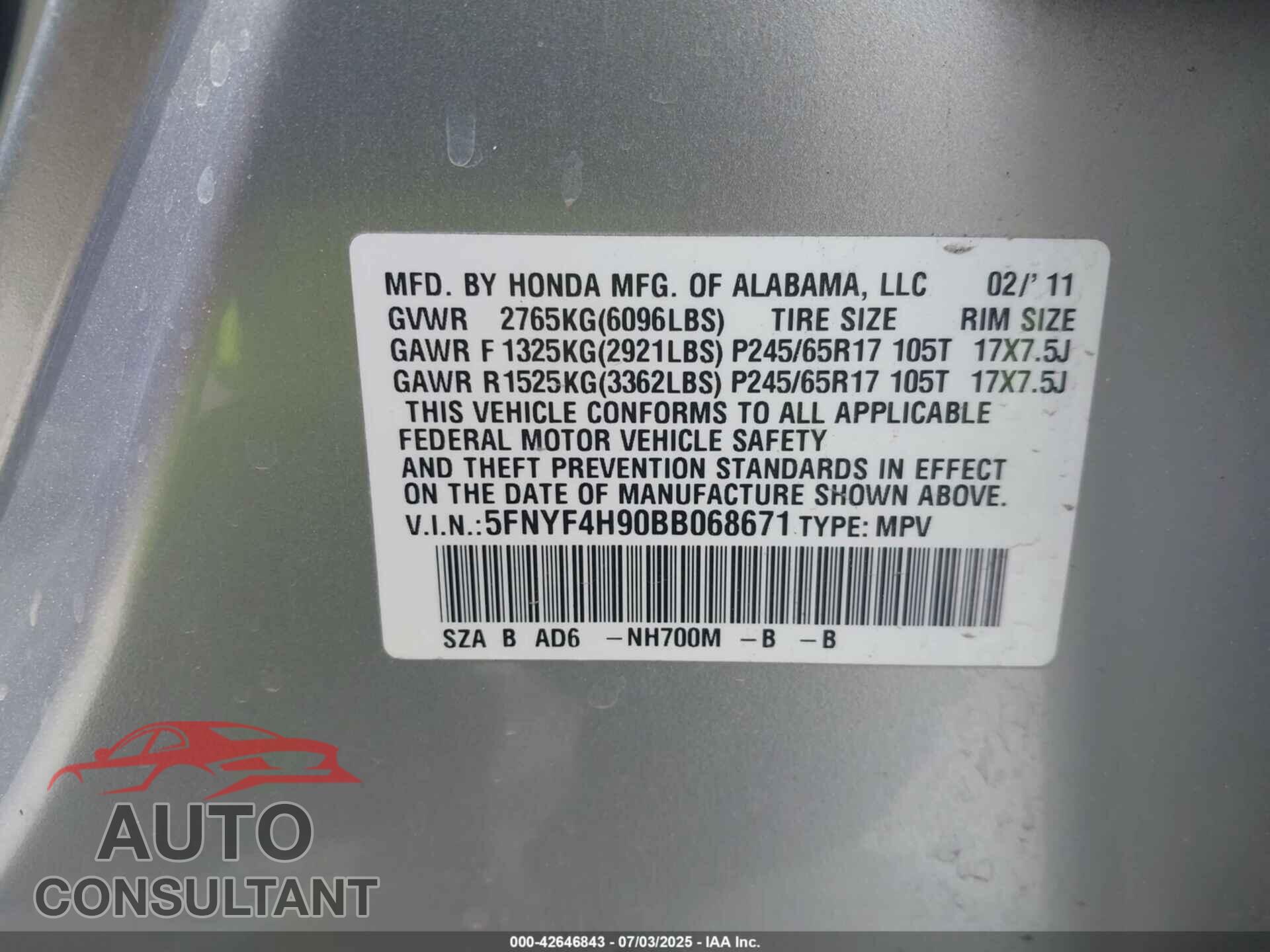 HONDA PILOT 2011 - 5FNYF4H90BB068671