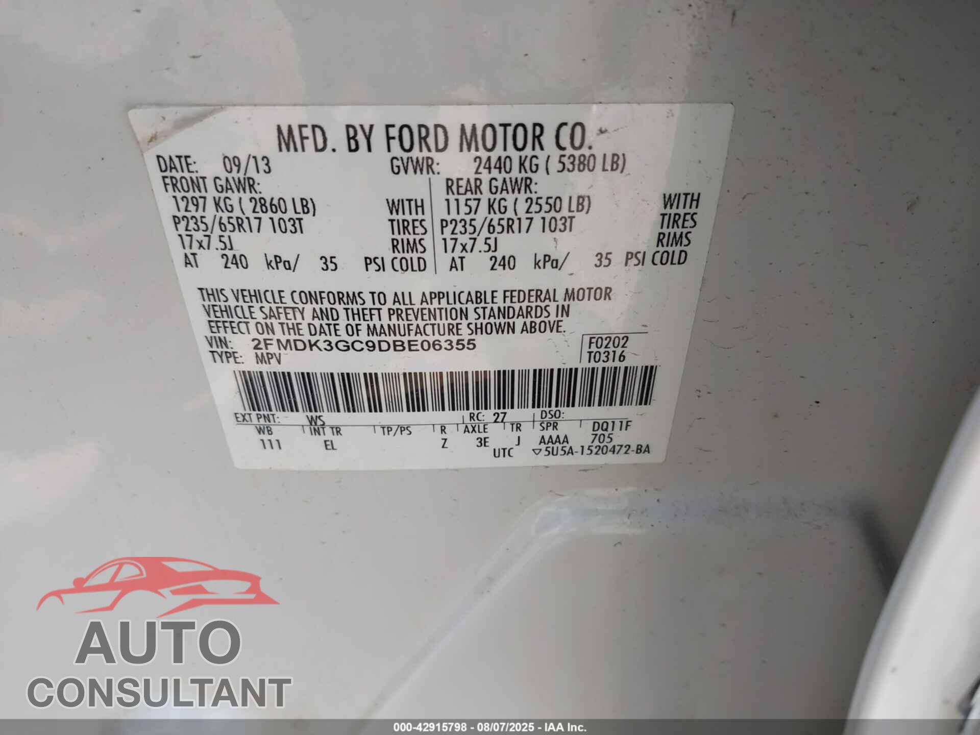 FORD EDGE 2013 - 2FMDK3GC9DBE06355