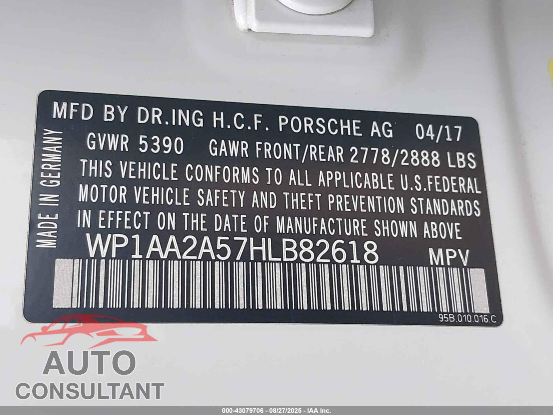 PORSCHE MACAN 2017 - WP1AA2A57HLB82618