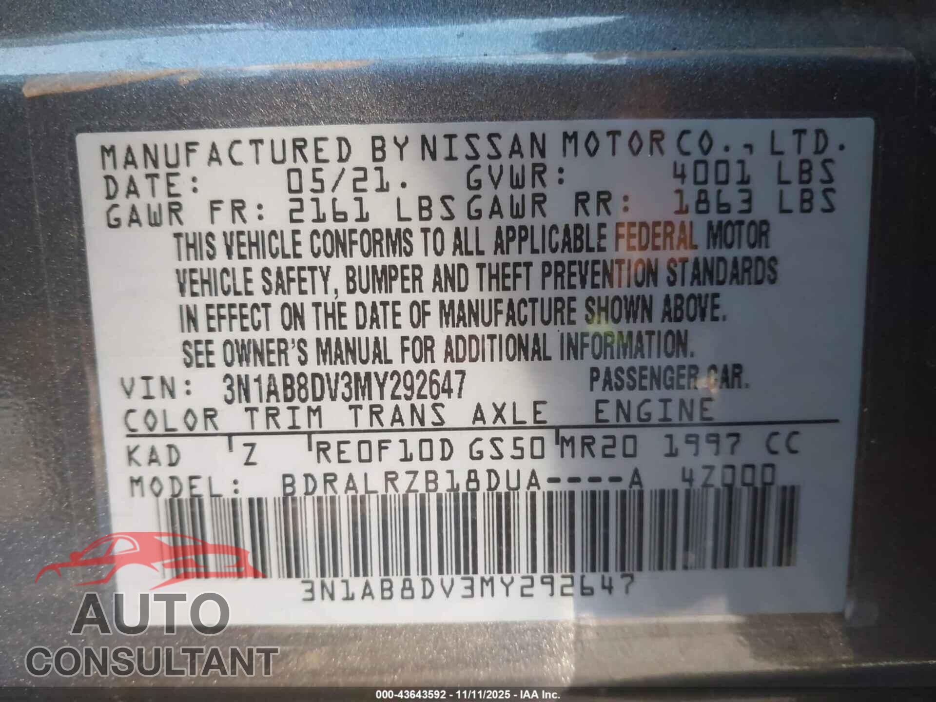 NISSAN SENTRA 2021 - 3N1AB8DV3MY292647