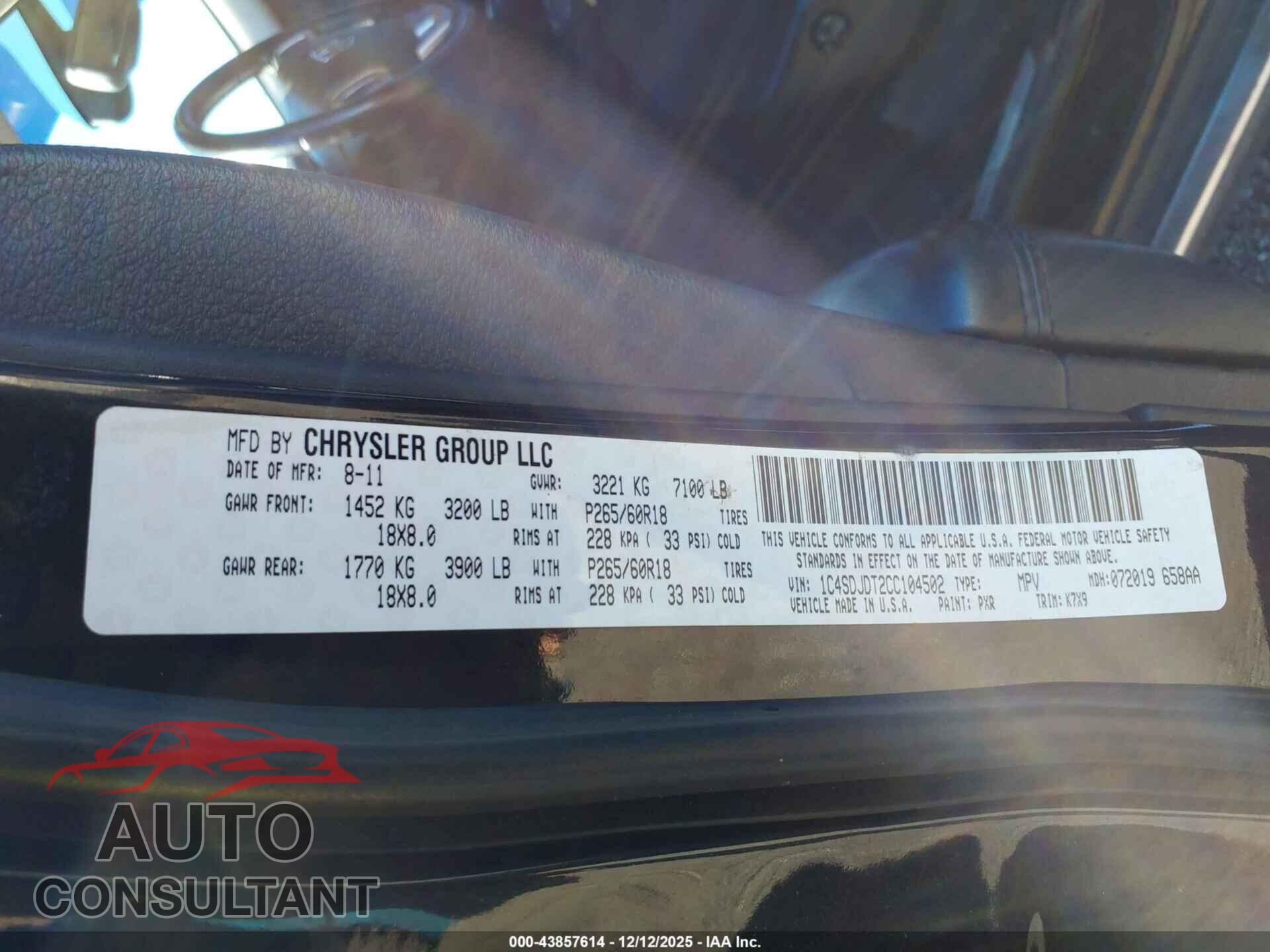 DODGE DURANGO 2012 - 1C4SDJDT2CC104502