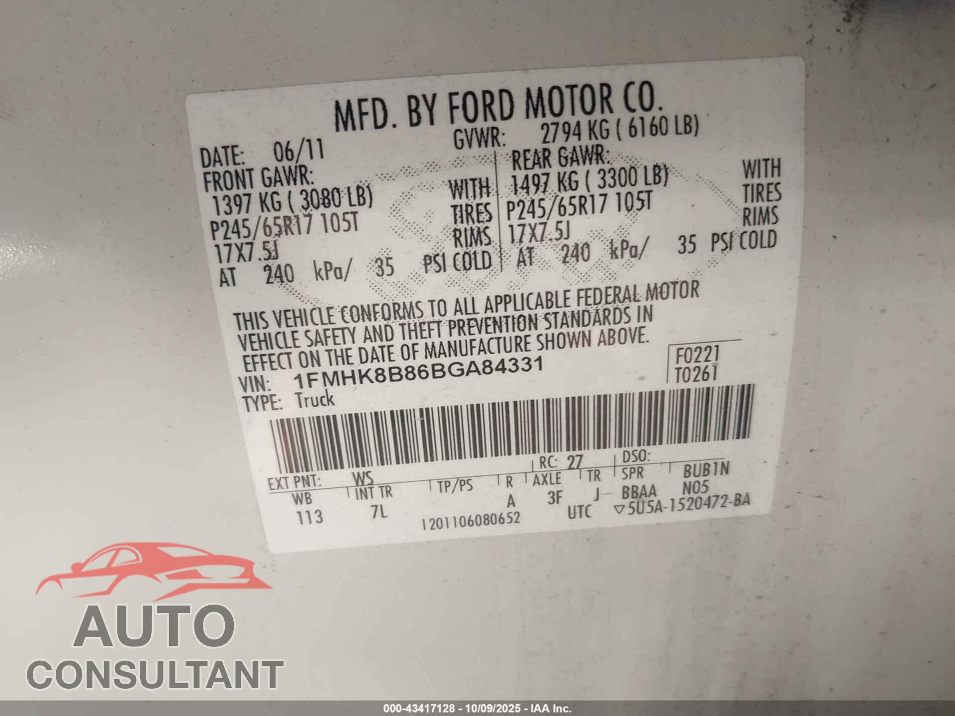 FORD EXPLORER 2011 - 1FMHK8B86BGA84331