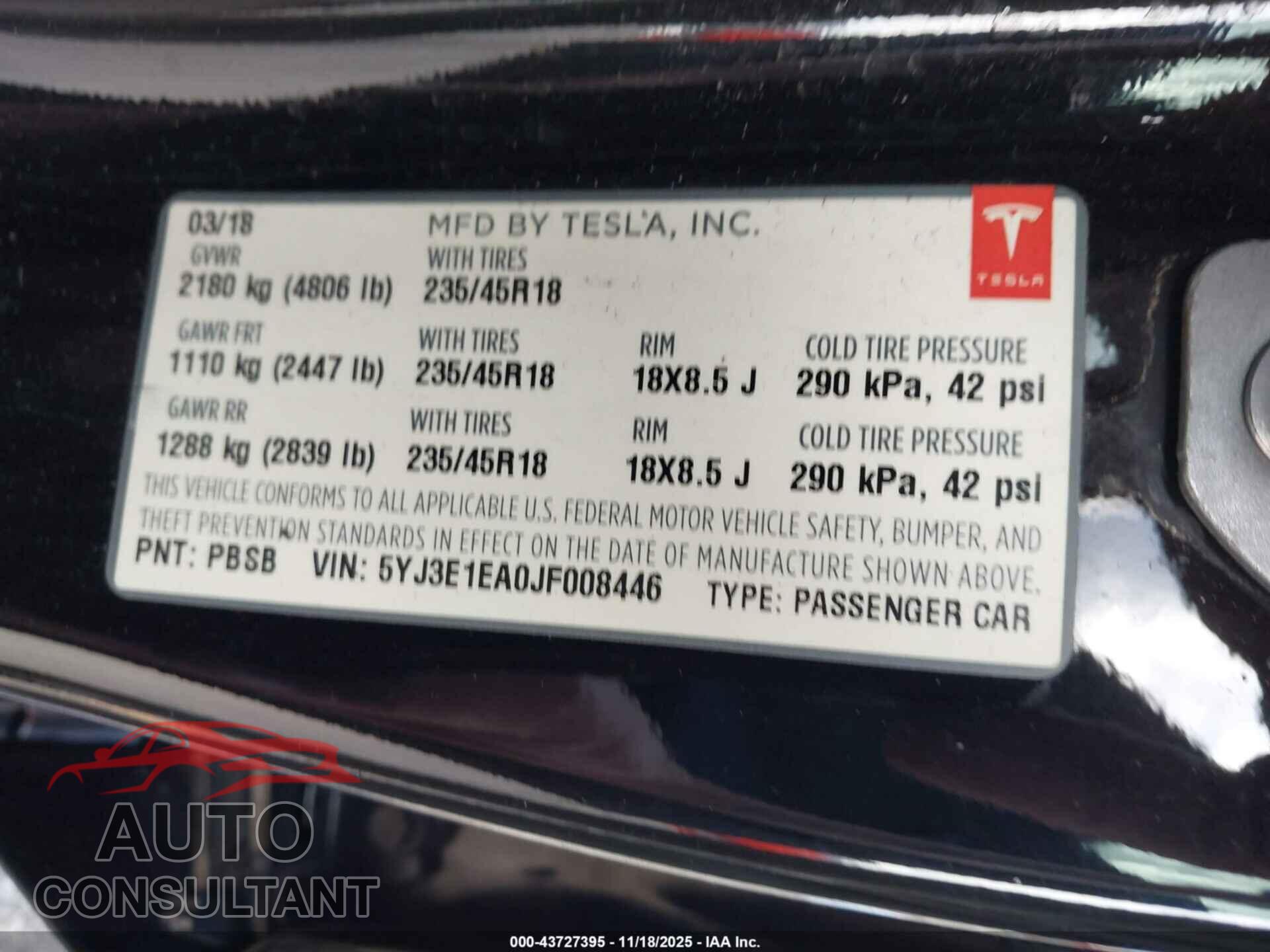 TESLA MODEL 3 2018 - 5YJ3E1EA0JF008446