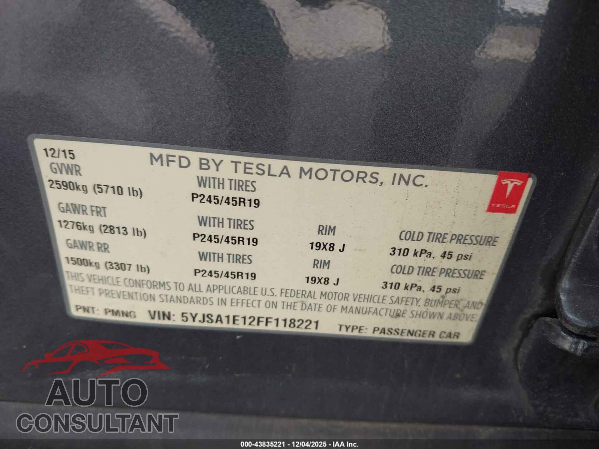 TESLA MODEL S 2015 - 5YJSA1E12FF118221