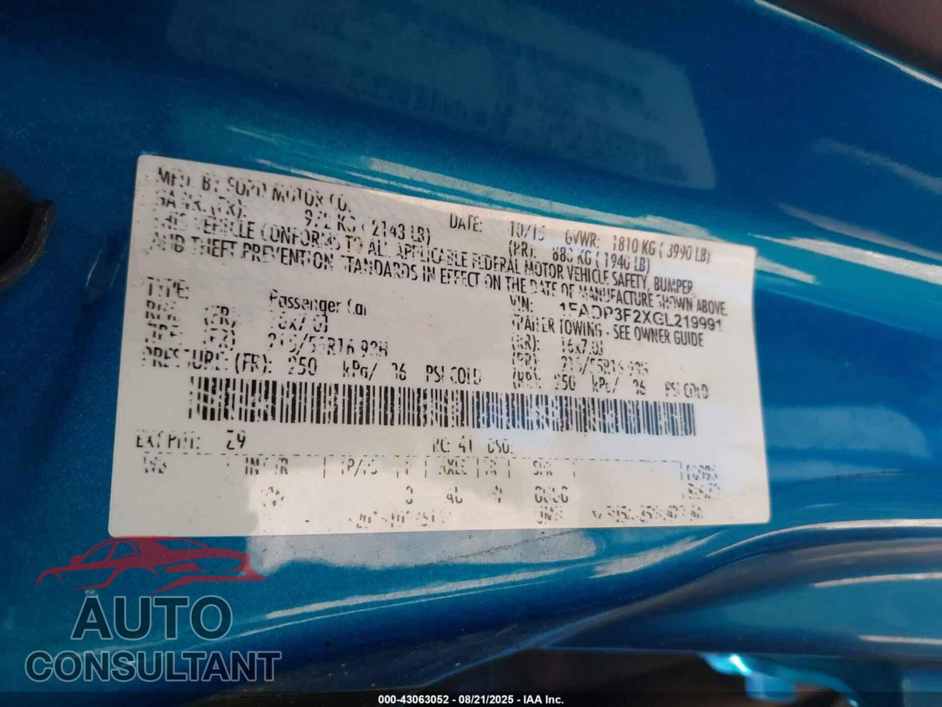 FORD FOCUS 2016 - 1FADP3F2XGL219991