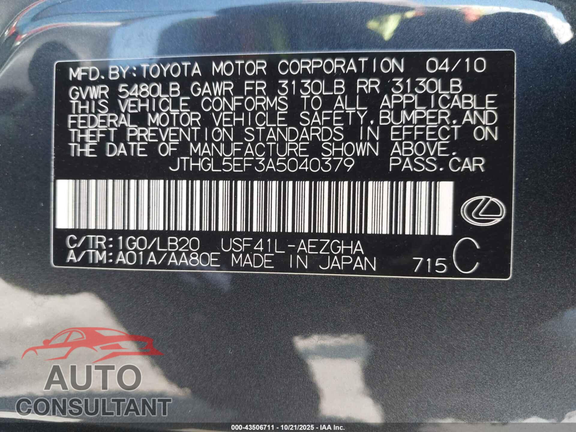LEXUS LS 460 2010 - JTHGL5EF3A5040379