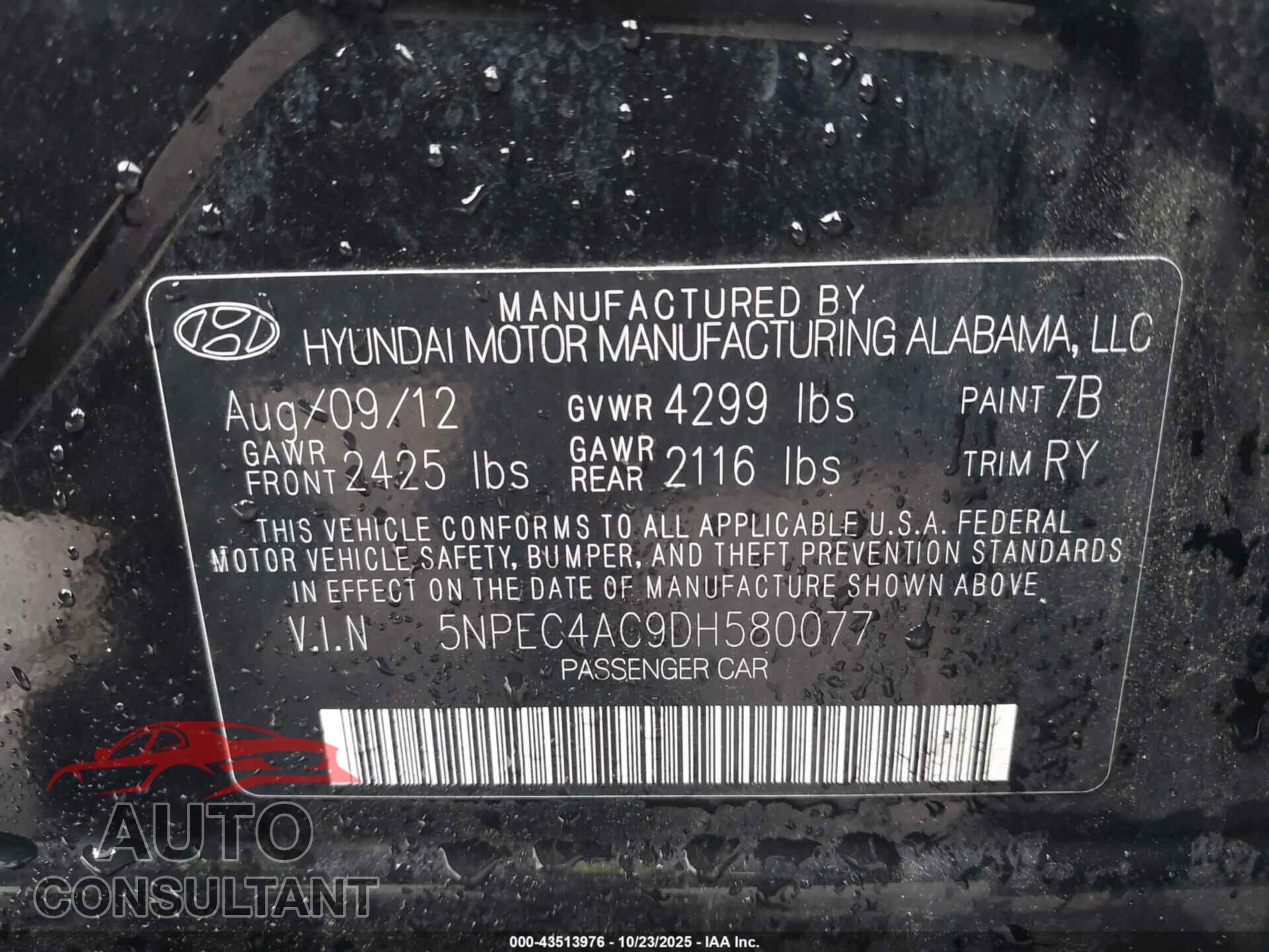 HYUNDAI SONATA 2013 - 5NPEC4AC9DH580077