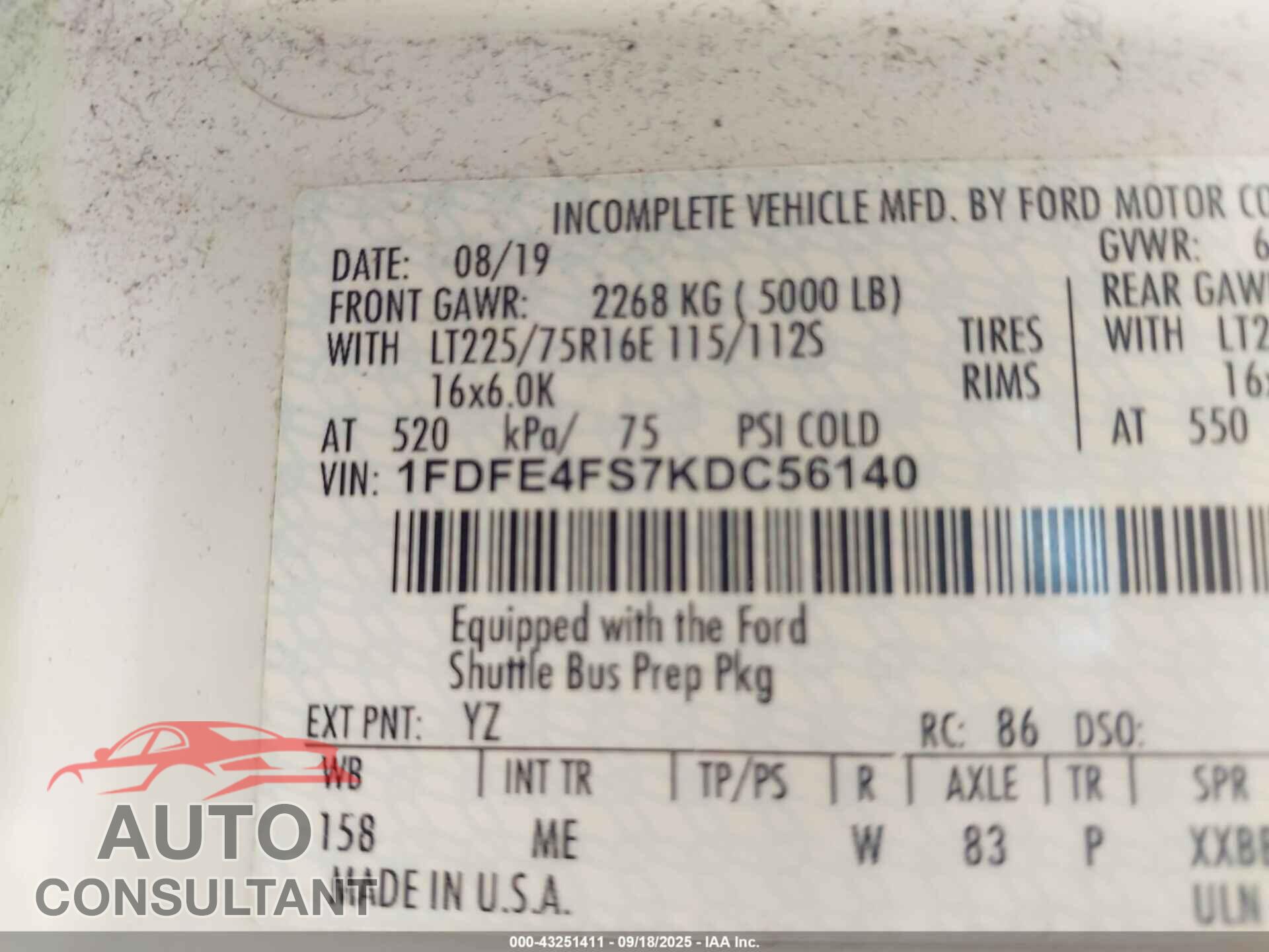 FORD E-450 CUTAWAY 2019 - 1FDFE4FS7KDC56140