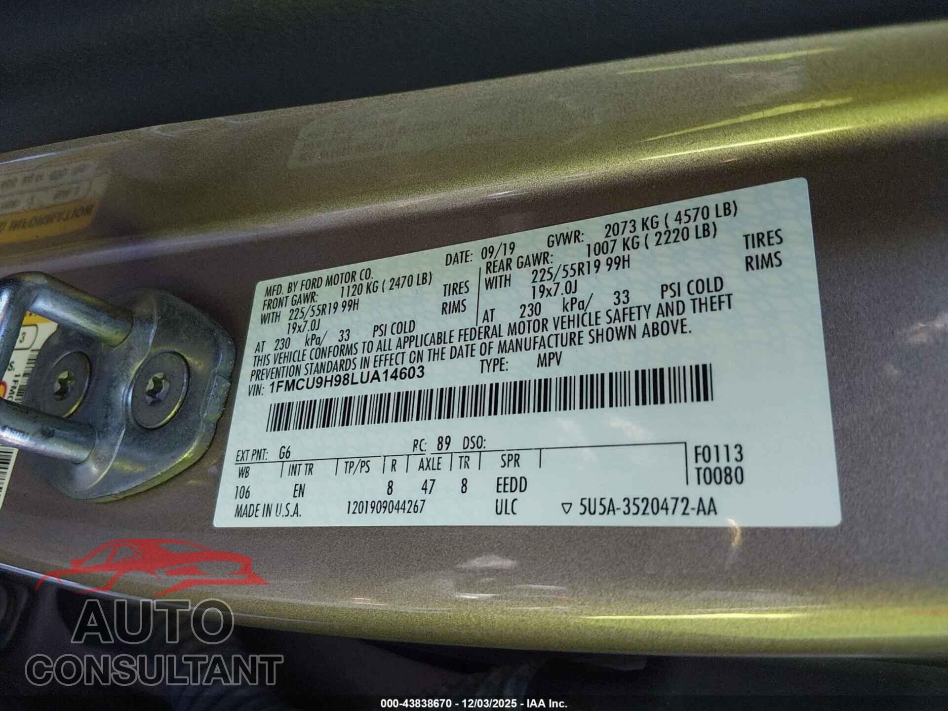 FORD ESCAPE 2020 - 1FMCU9H98LUA14603
