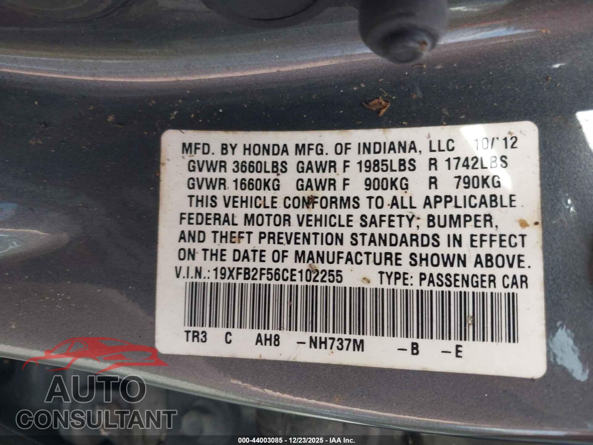HONDA CIVIC 2012 - 19XFB2F56CE102255