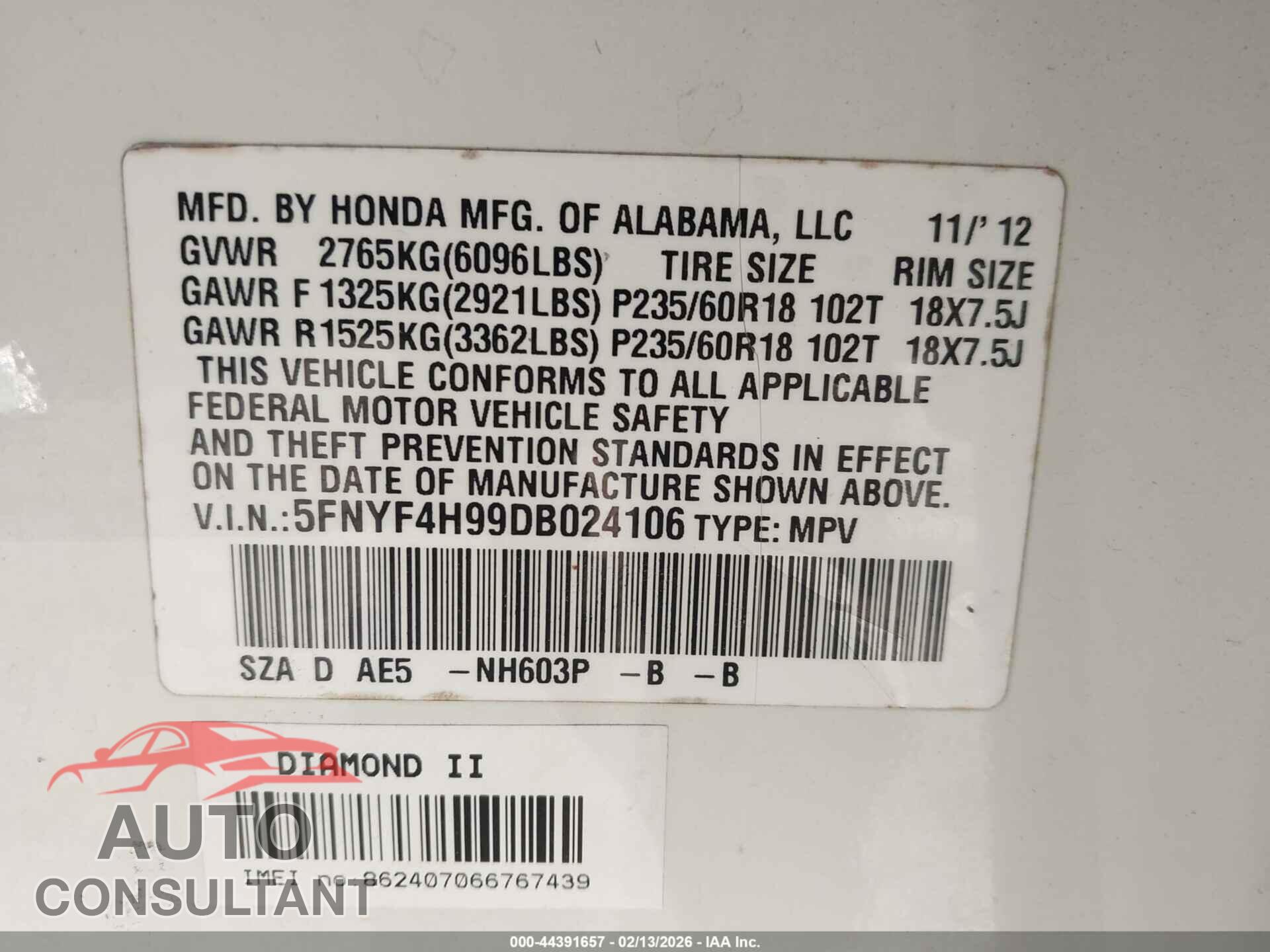 HONDA PILOT 2013 - 5FNYF4H99DB024106