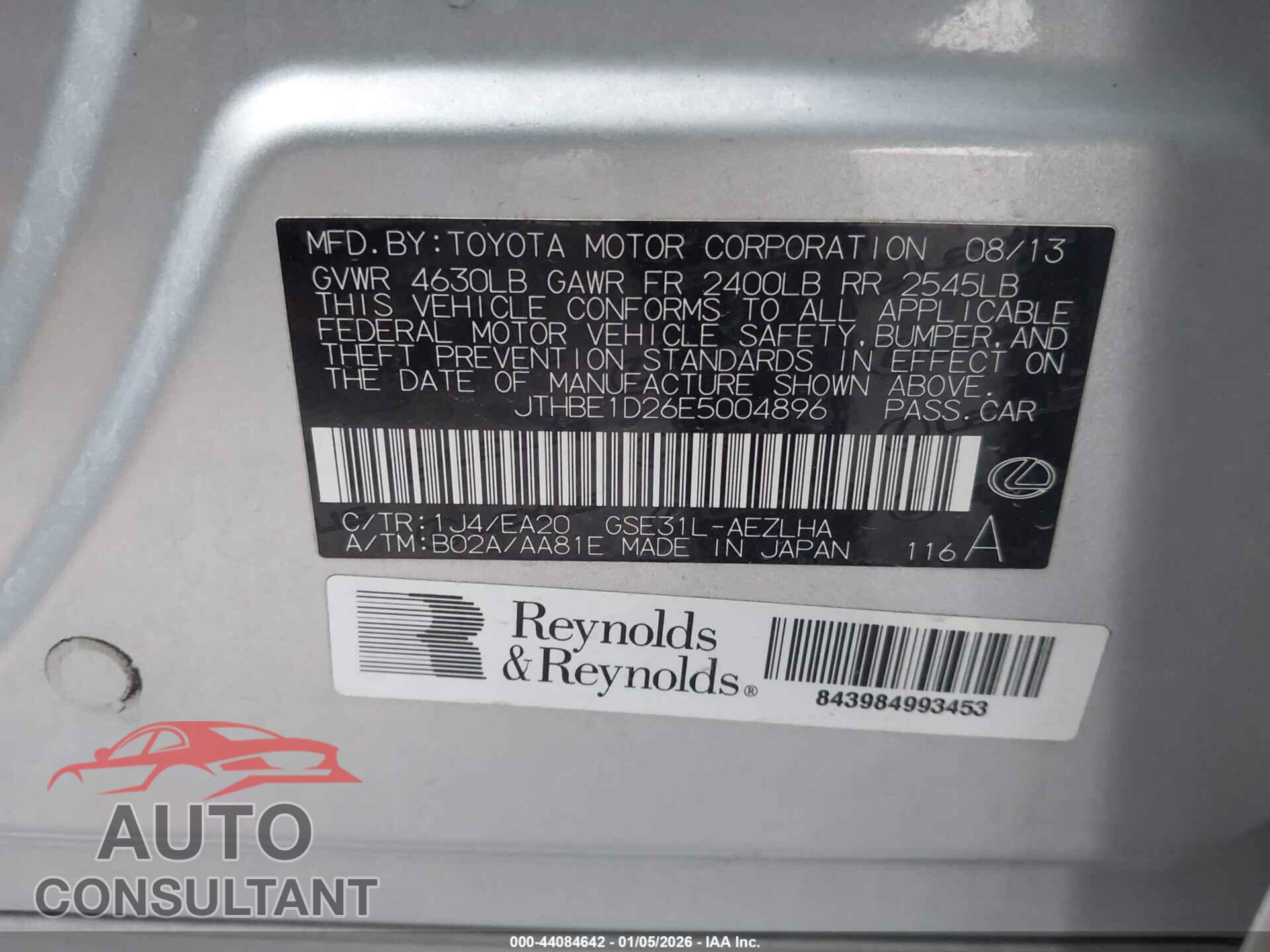 LEXUS IS 350 2014 - JTHBE1D26E5004896