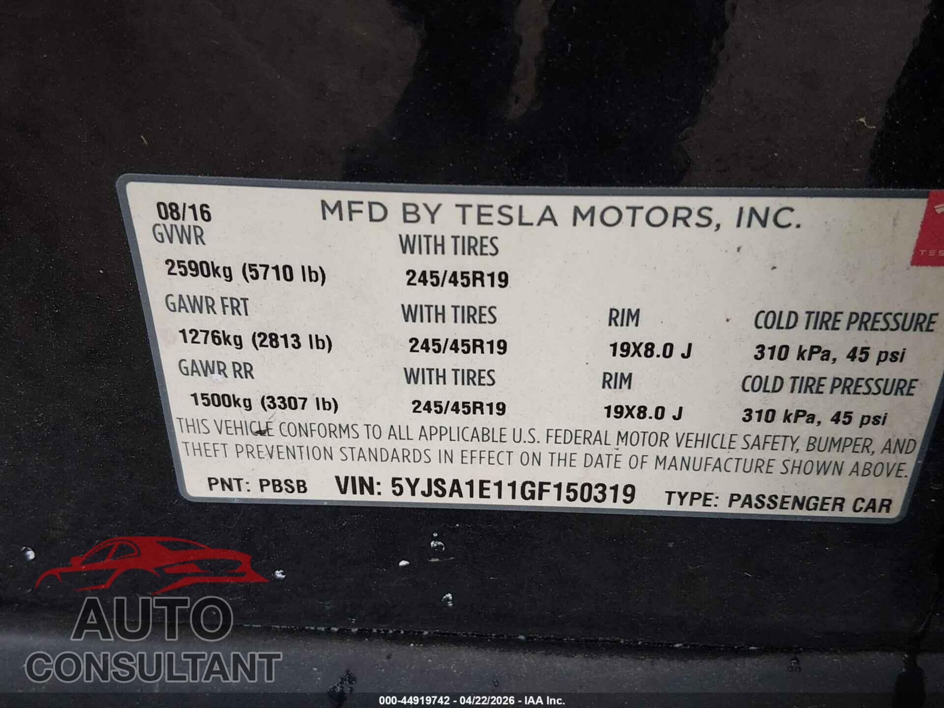 TESLA MODEL S 2016 - 5YJSA1E11GF150319