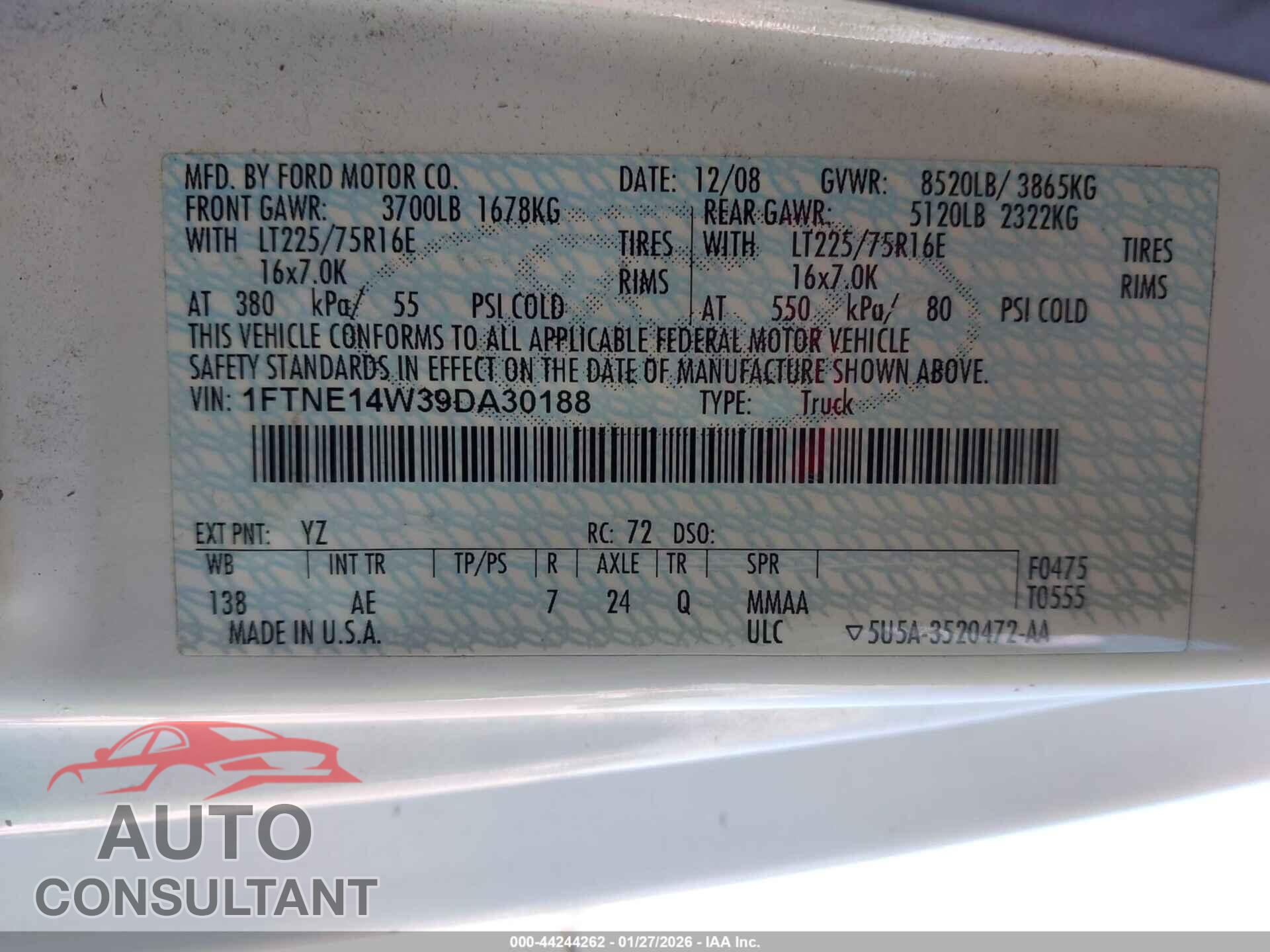 FORD E-150 2009 - 1FTNE14W39DA30188