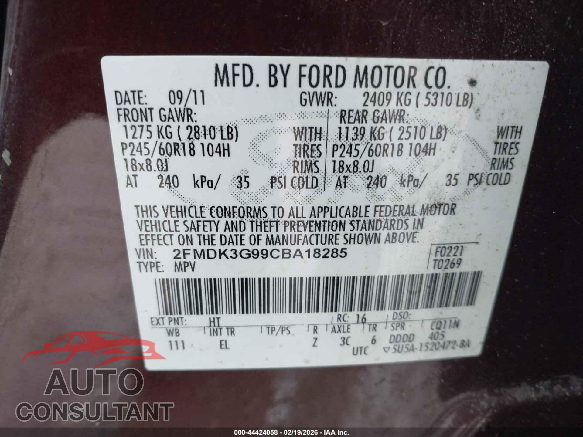 FORD EDGE 2012 - 2FMDK3G99CBA18285